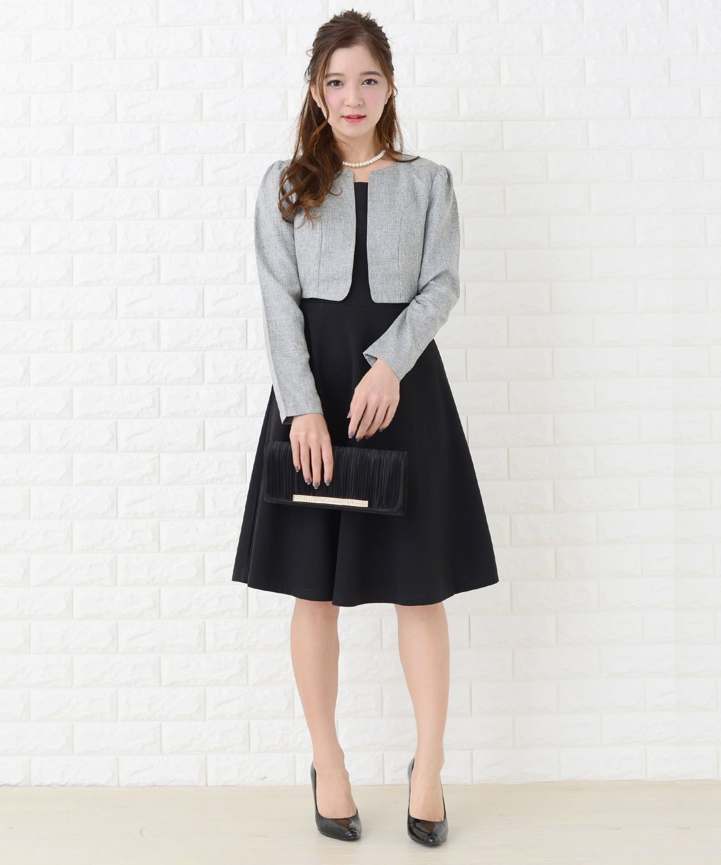 重ね着風膝丈フレアフォーマルワンピース・ドレス