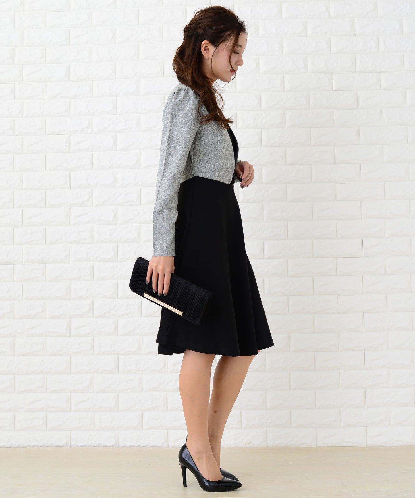 重ね着風膝丈フレアフォーマルワンピース・ドレス