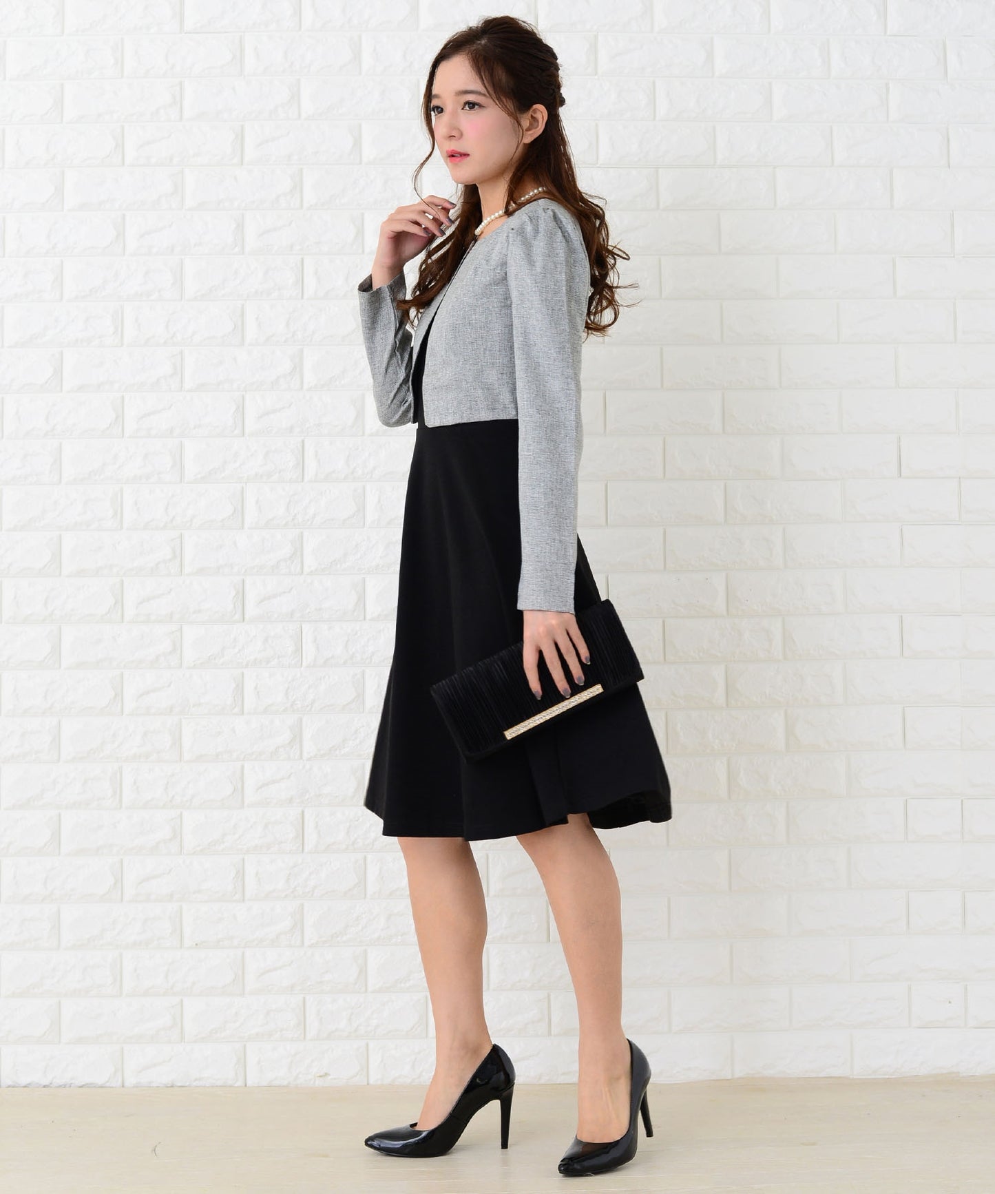 重ね着風膝丈フレアフォーマルワンピース・ドレス