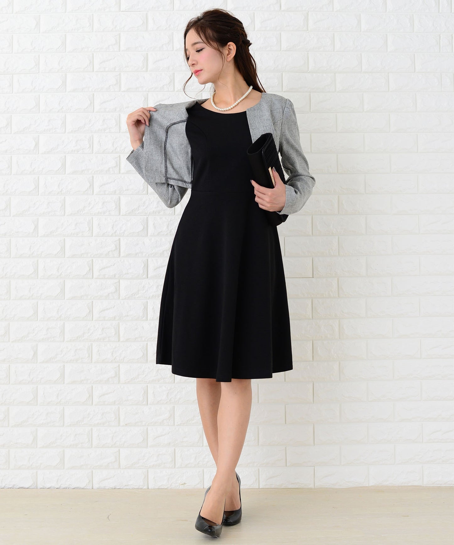 重ね着風膝丈フレアフォーマルワンピース・ドレス