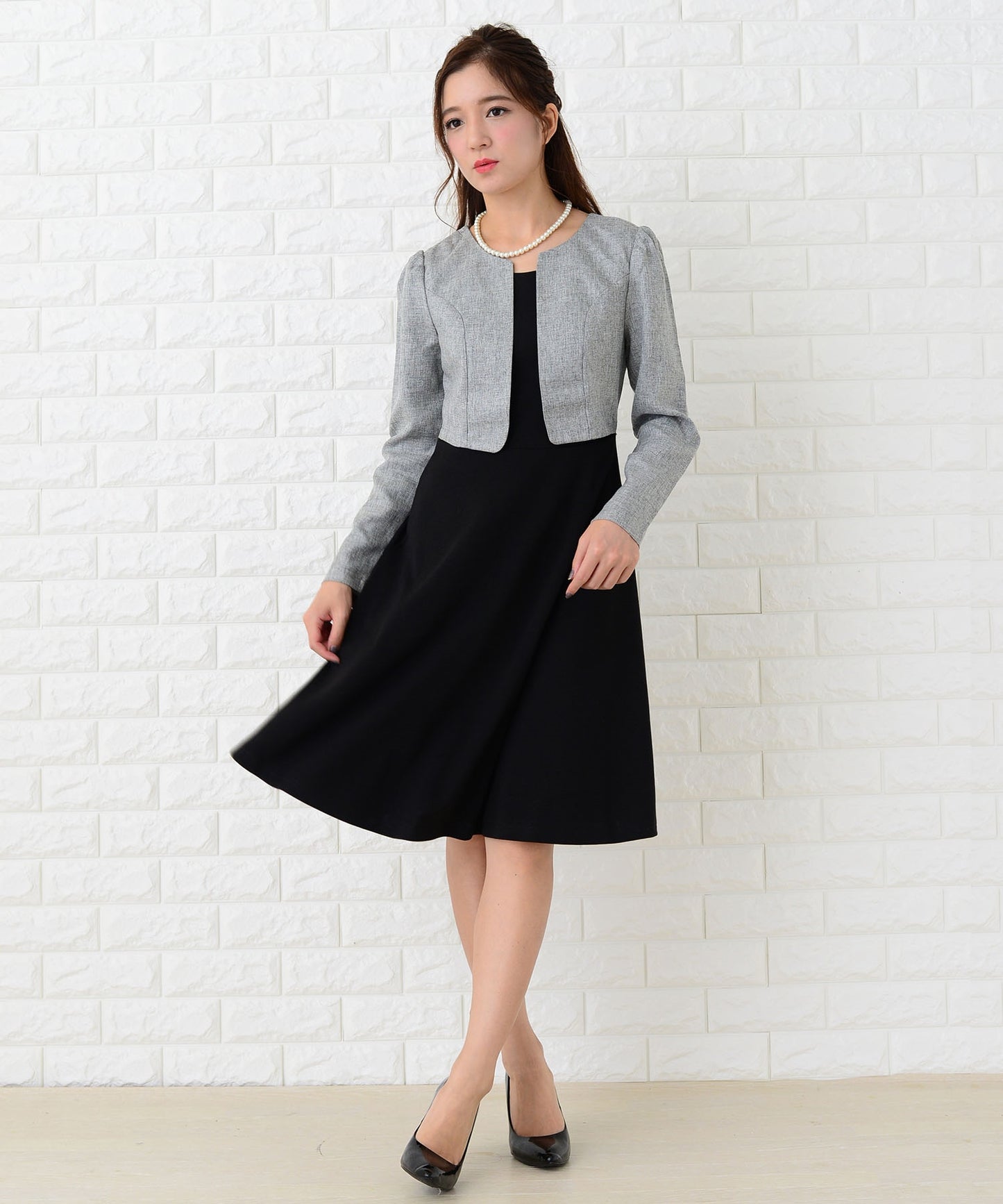 重ね着風膝丈フレアフォーマルワンピース・ドレス