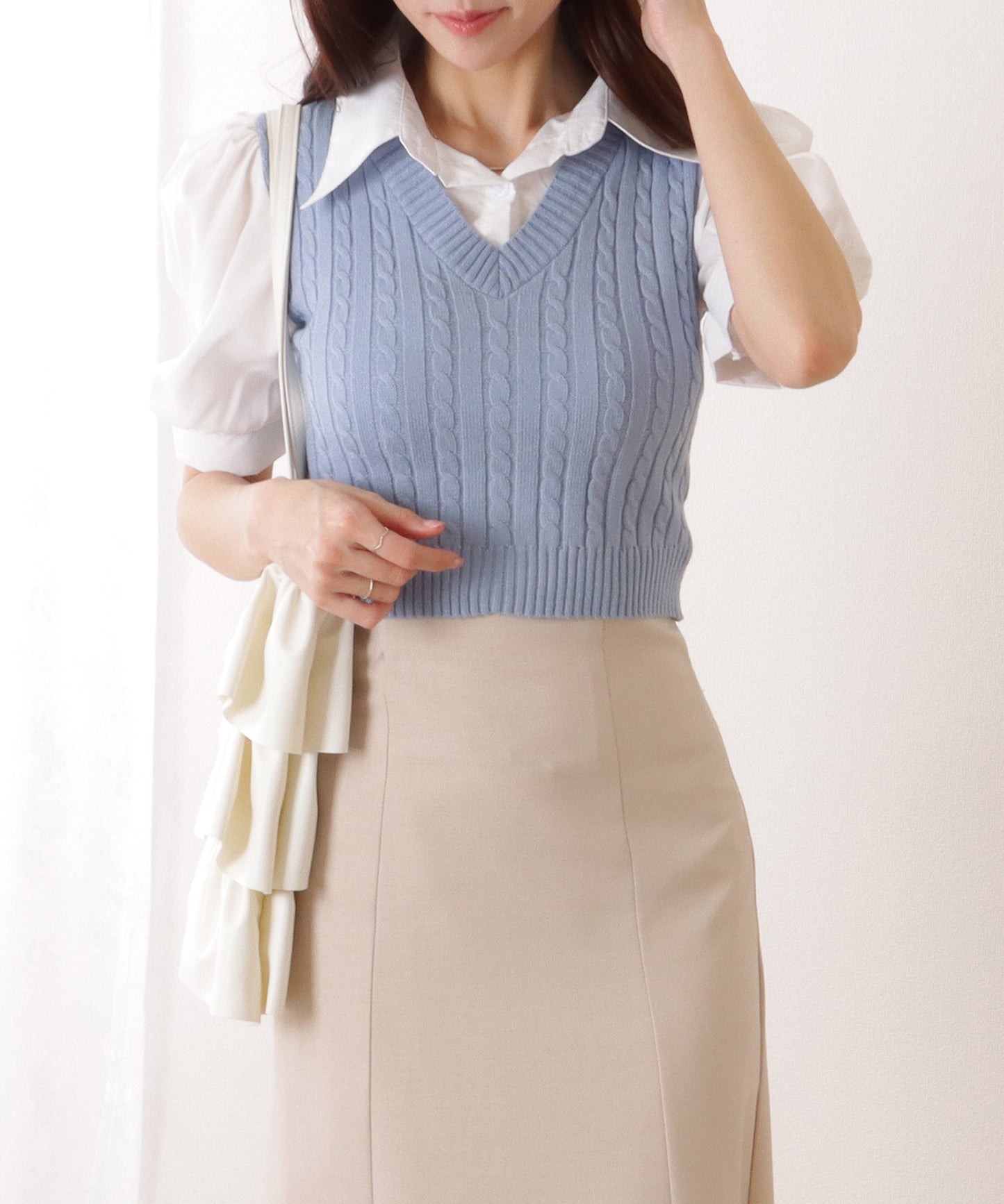 フェイク レイヤード ケーブル ニット パフスリーブ トップス