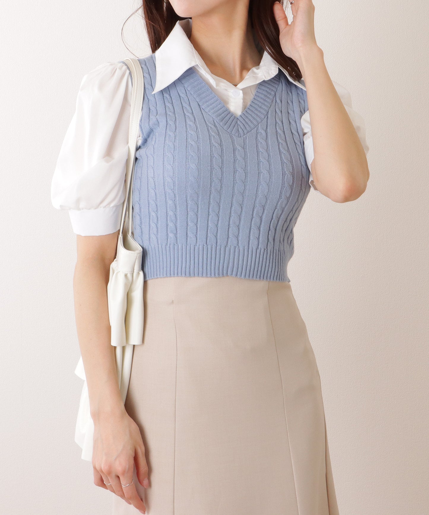 フェイク レイヤード ケーブル ニット パフスリーブ トップス