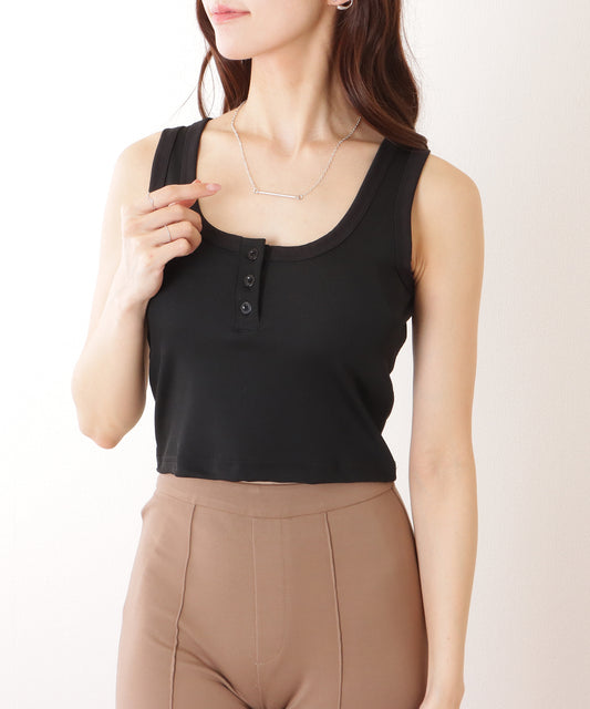 ヘンリーネック コンパクト ノースリーブ リブ タンクトップ