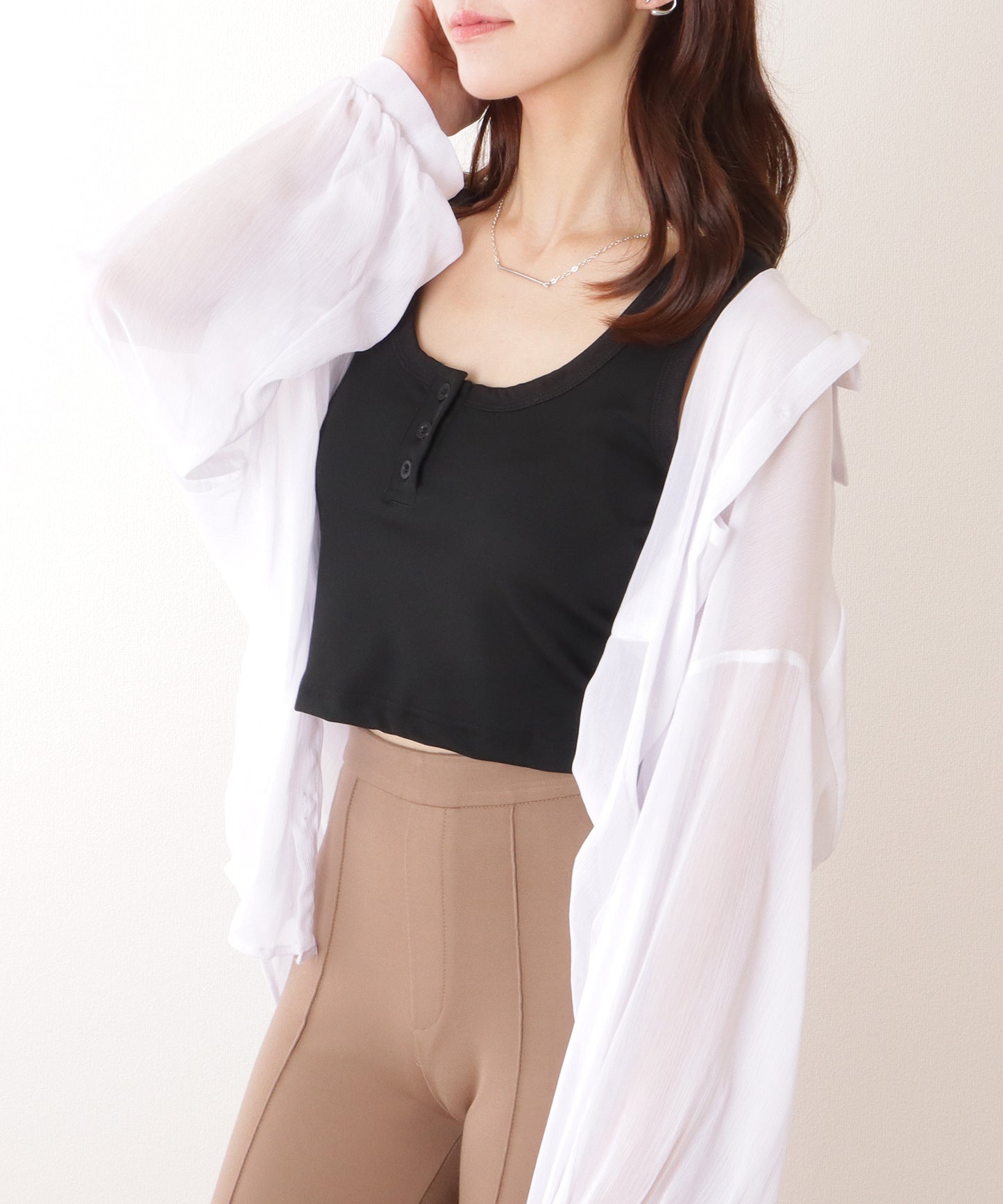 ヘンリーネック コンパクト ノースリーブ リブ タンクトップ