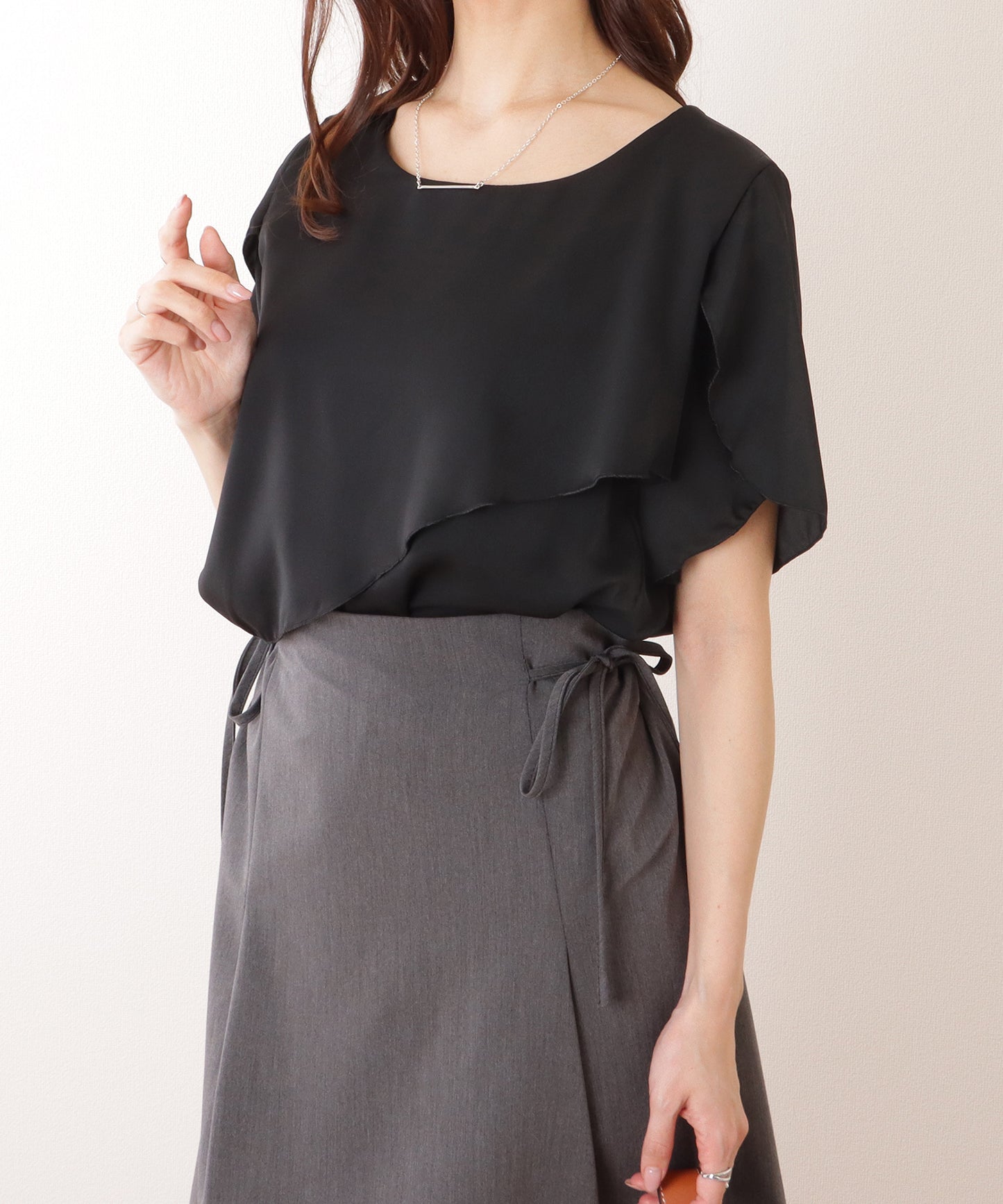 レイヤード風 半袖 シフォン ラウンドネック プルオーバー