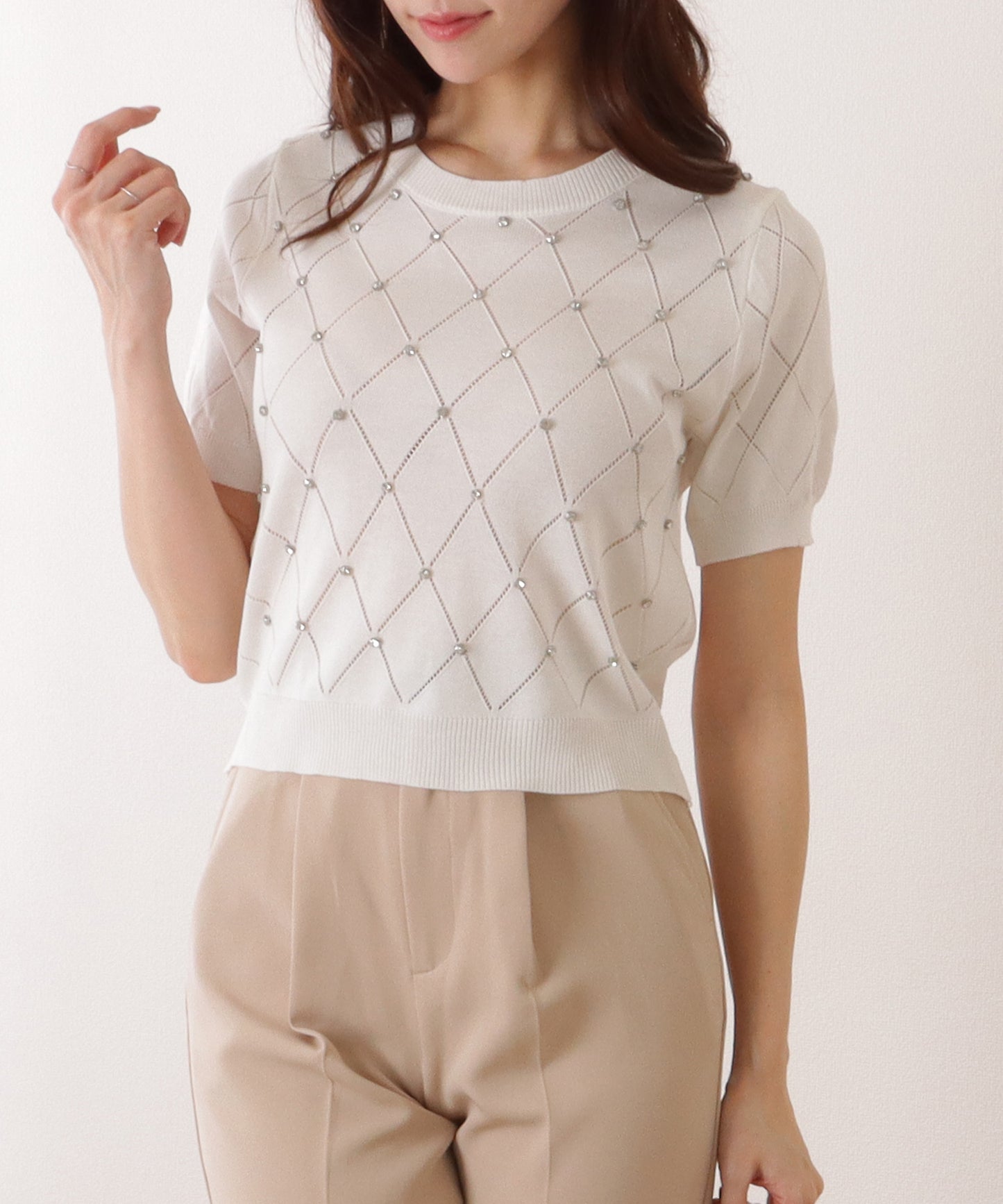 ラインストーン付 ダイヤ メッシュ 半袖 ニット トップス