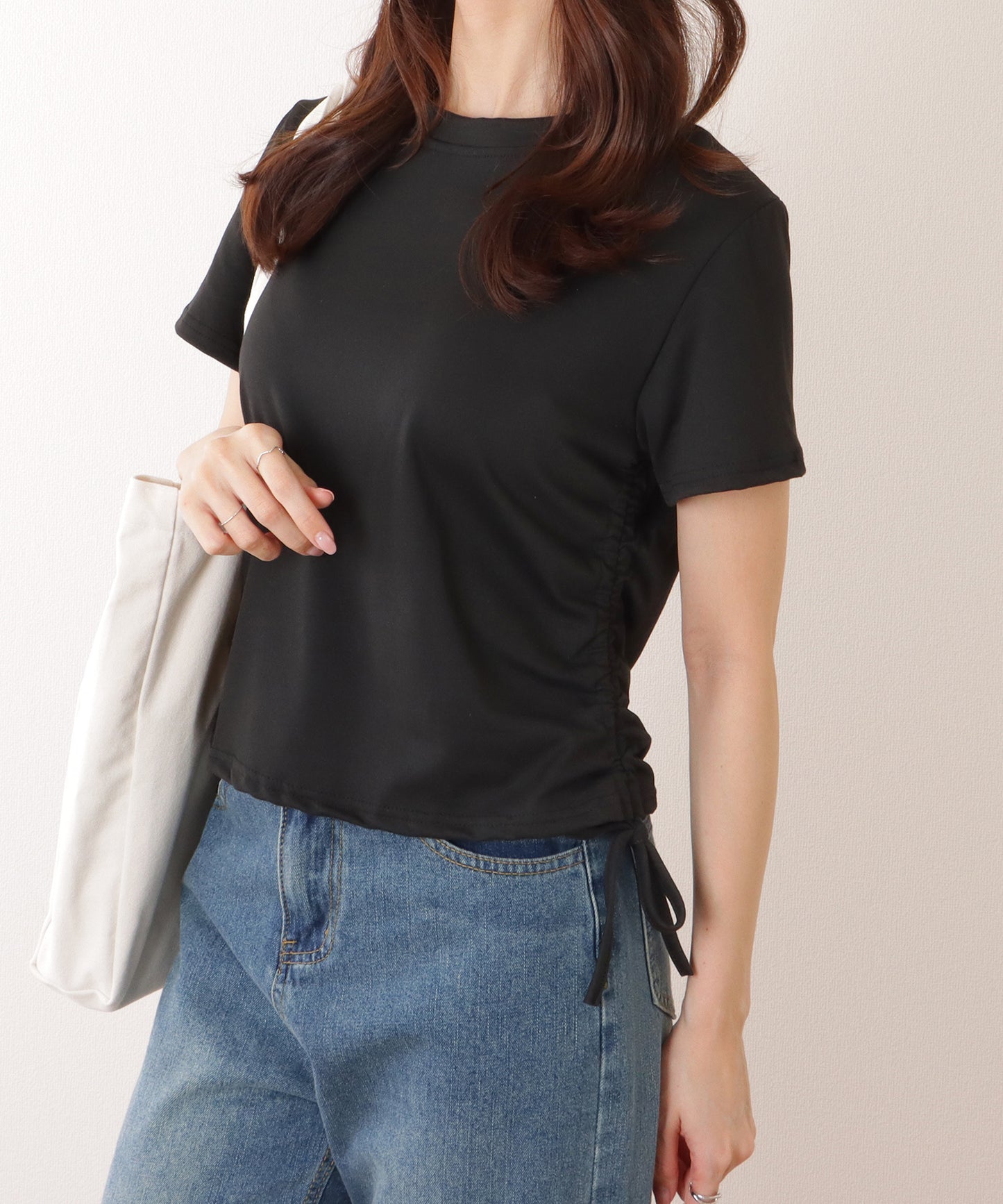 サイド ギャザー クルーネック 半袖 Tシャツ
