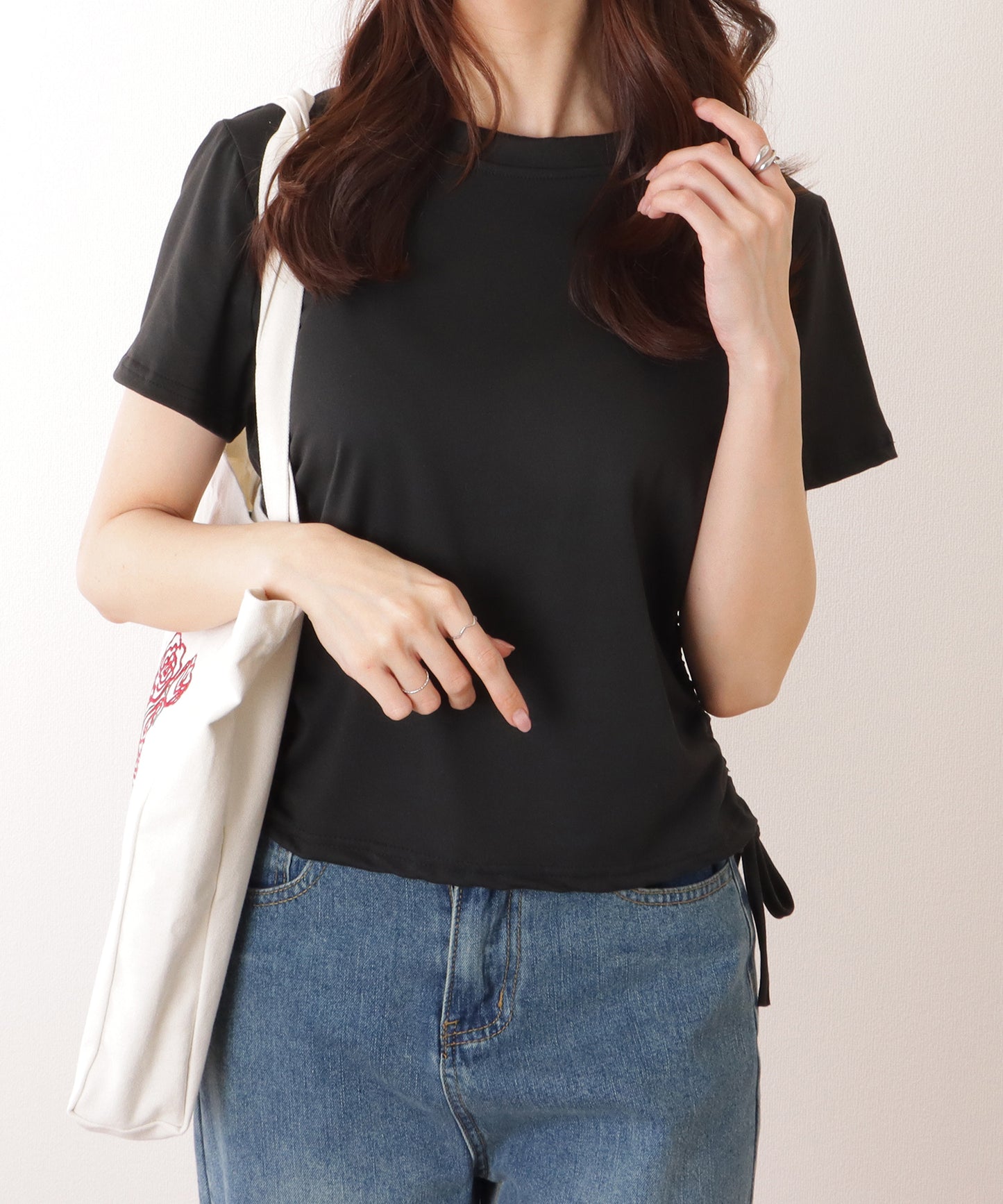 サイド ギャザー クルーネック 半袖 Tシャツ