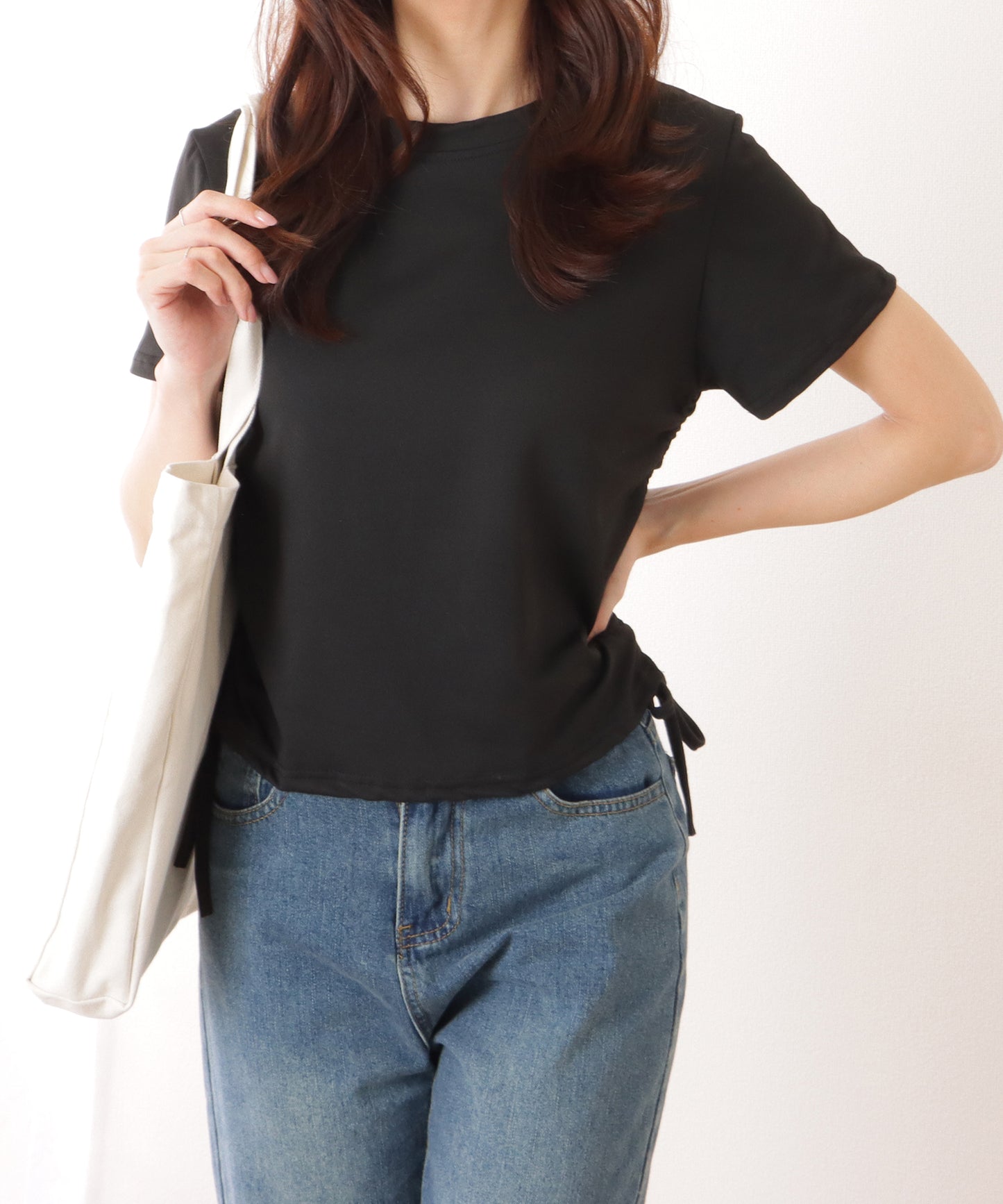 サイド ギャザー クルーネック 半袖 Tシャツ