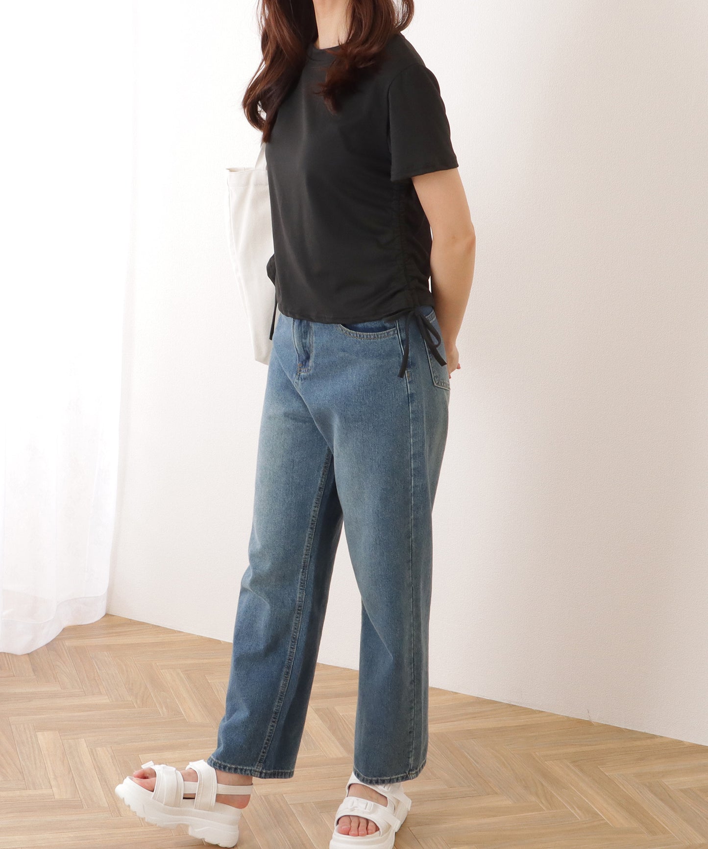 サイド ギャザー クルーネック 半袖 Tシャツ