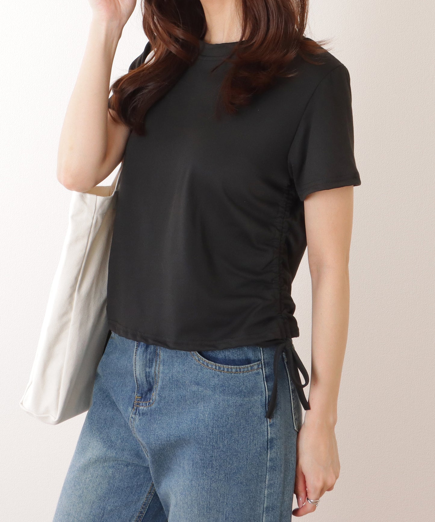 サイド ギャザー クルーネック 半袖 Tシャツ