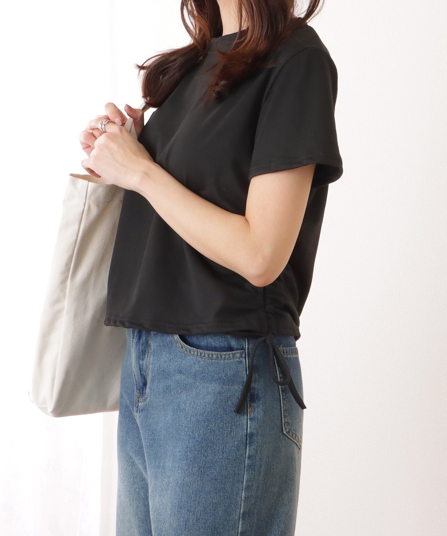 サイド ギャザー クルーネック 半袖 Tシャツ