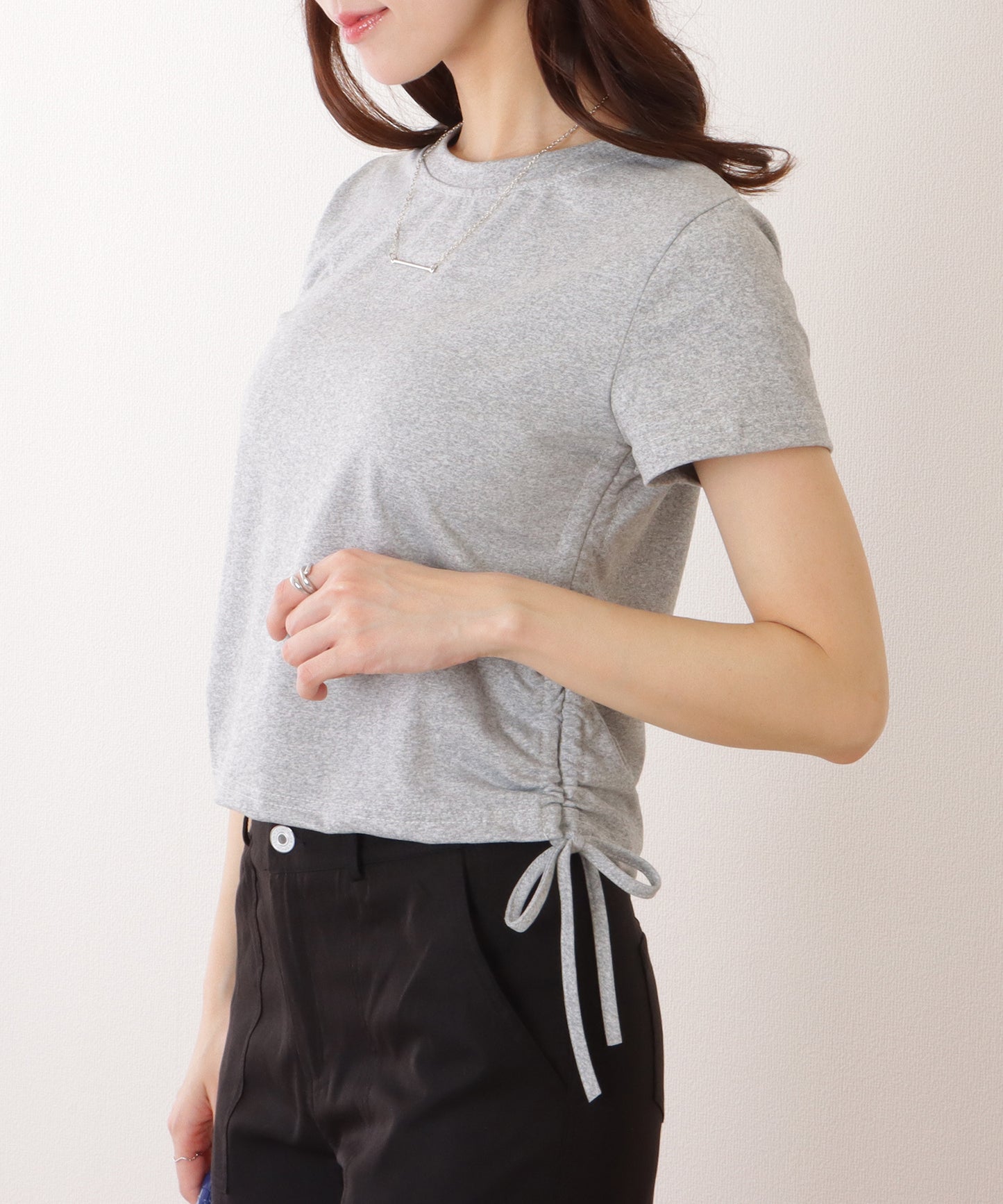 サイド ギャザー クルーネック 半袖 Tシャツ