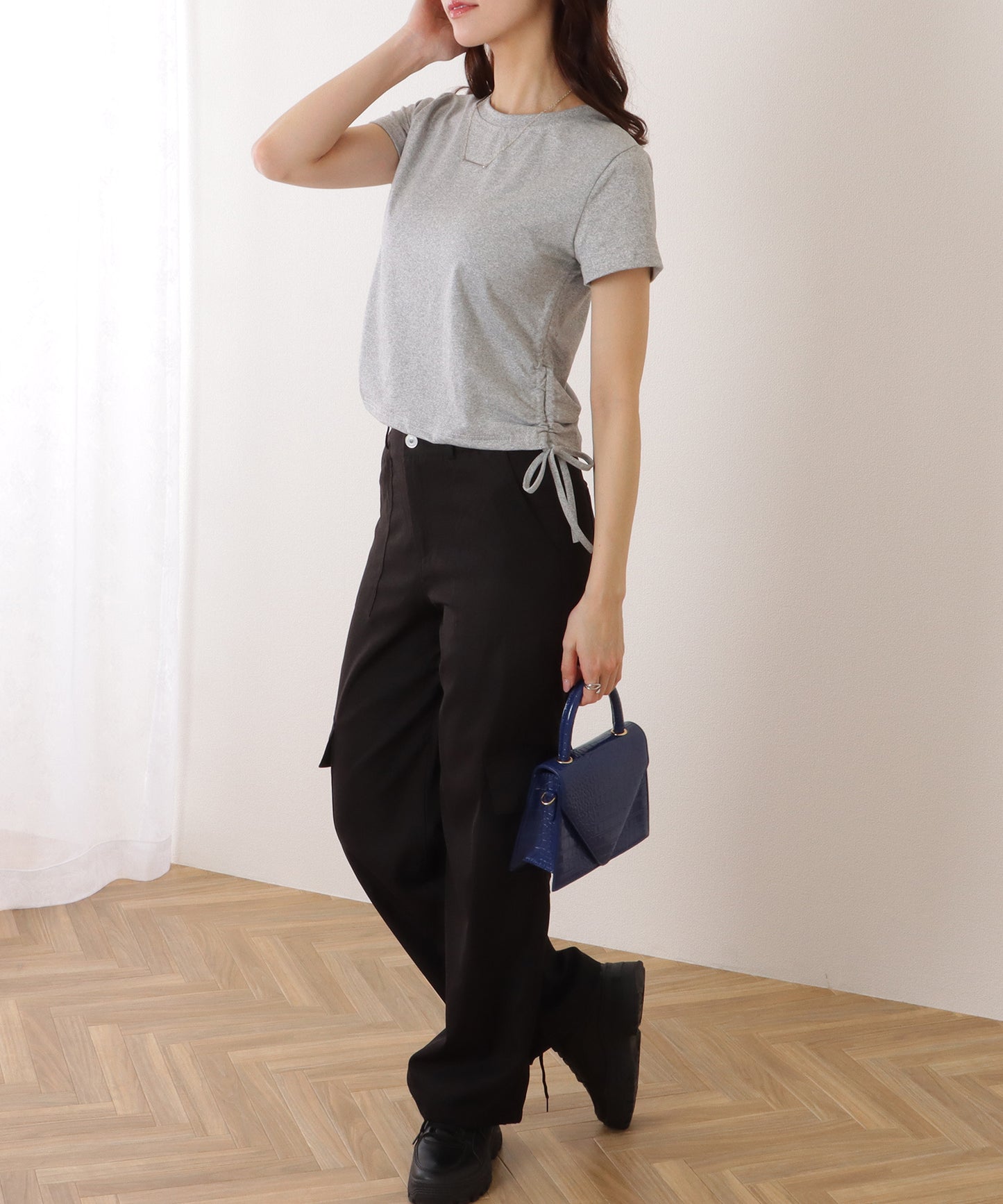 サイド ギャザー クルーネック 半袖 Tシャツ