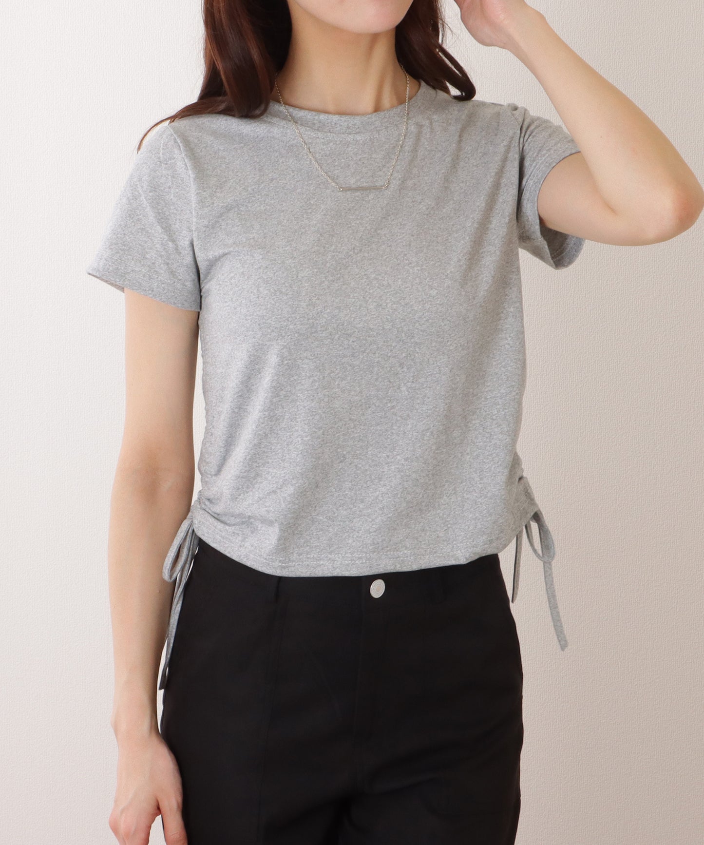 サイド ギャザー クルーネック 半袖 Tシャツ