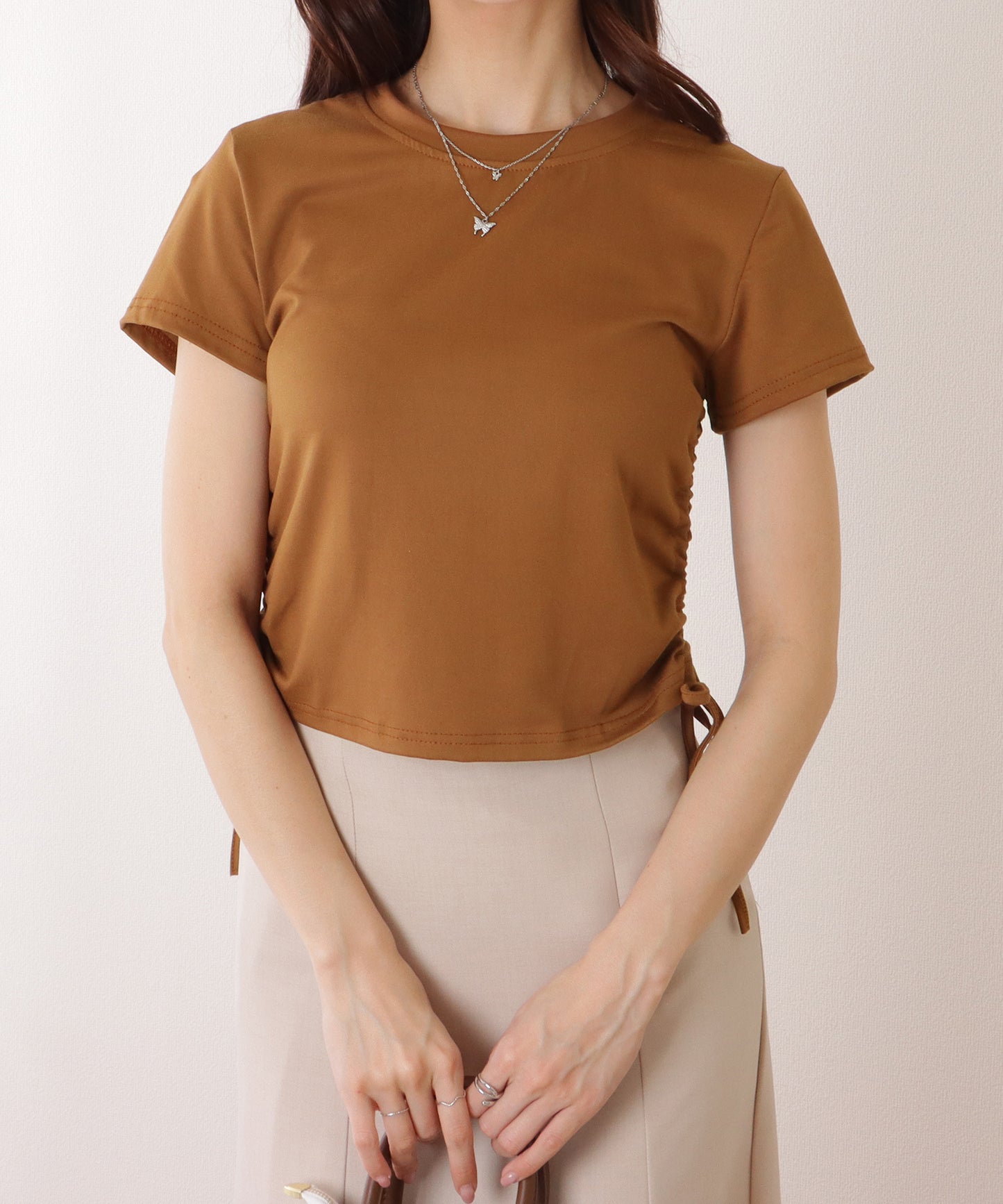サイド ギャザー クルーネック 半袖 Tシャツ