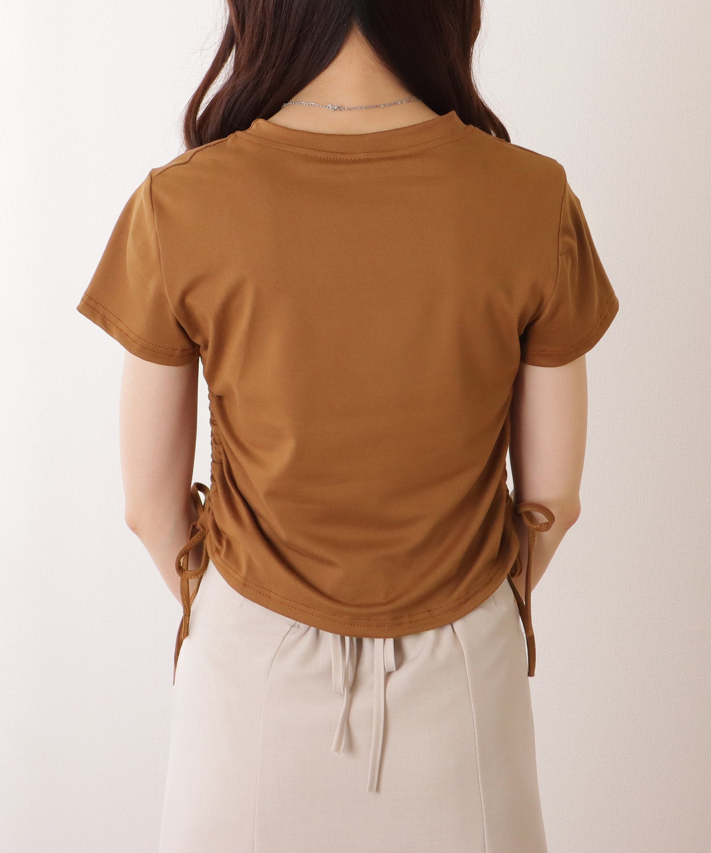 サイド ギャザー クルーネック 半袖 Tシャツ