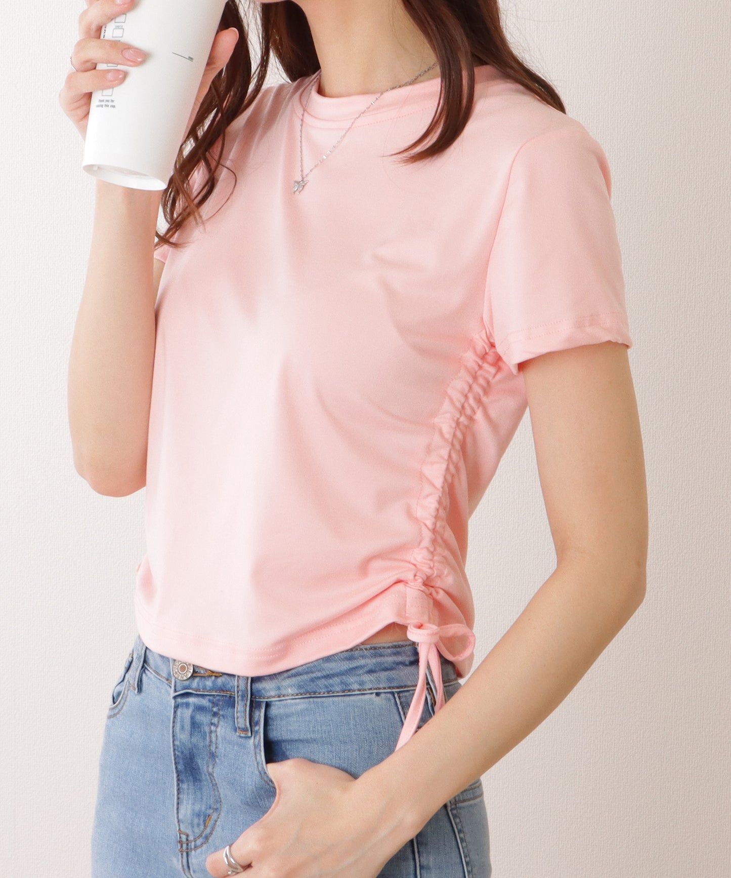 サイド ギャザー クルーネック 半袖 Tシャツ