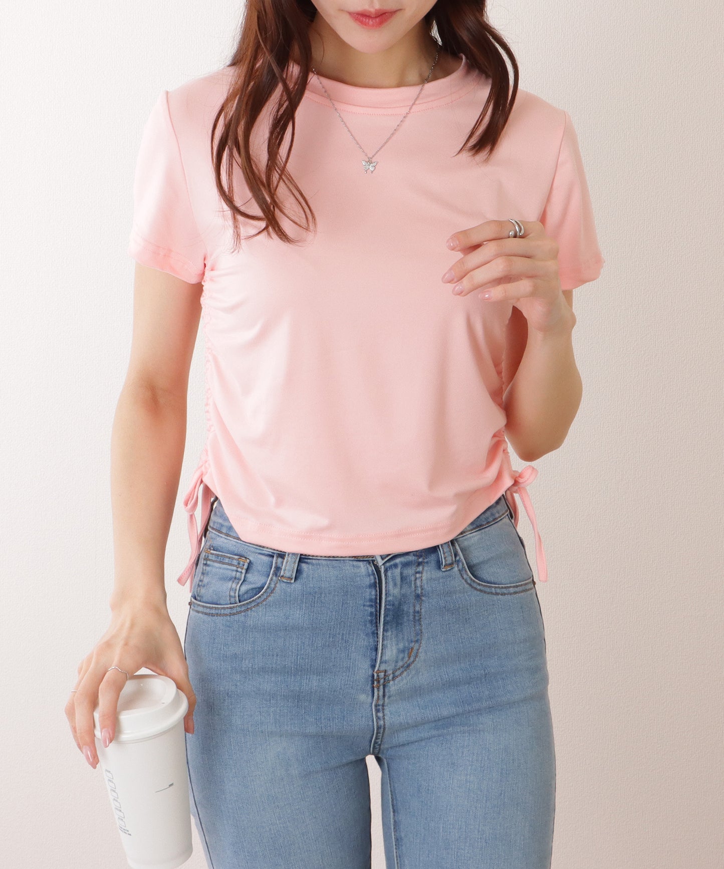 サイド ギャザー クルーネック 半袖 Tシャツ