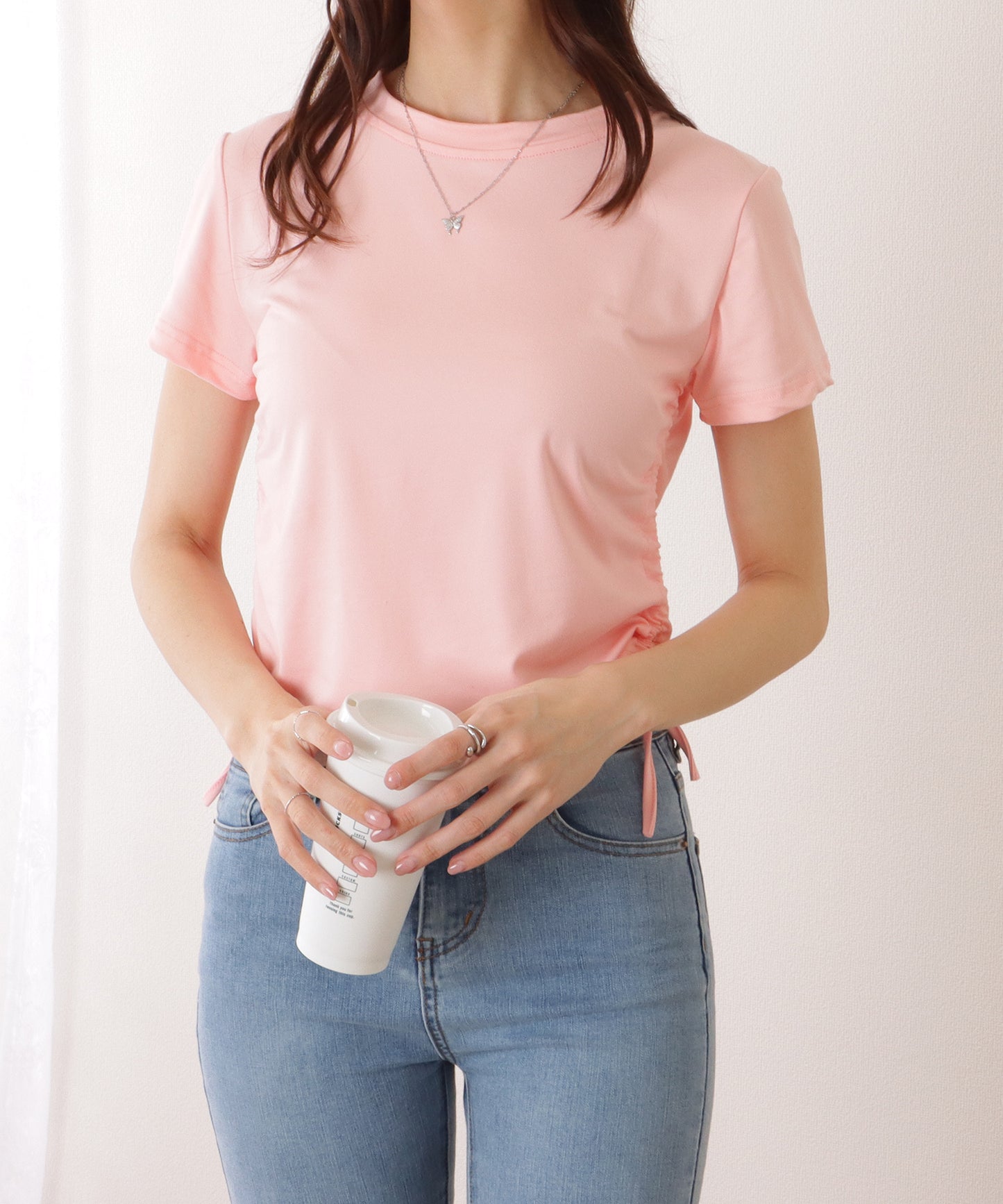 サイド ギャザー クルーネック 半袖 Tシャツ