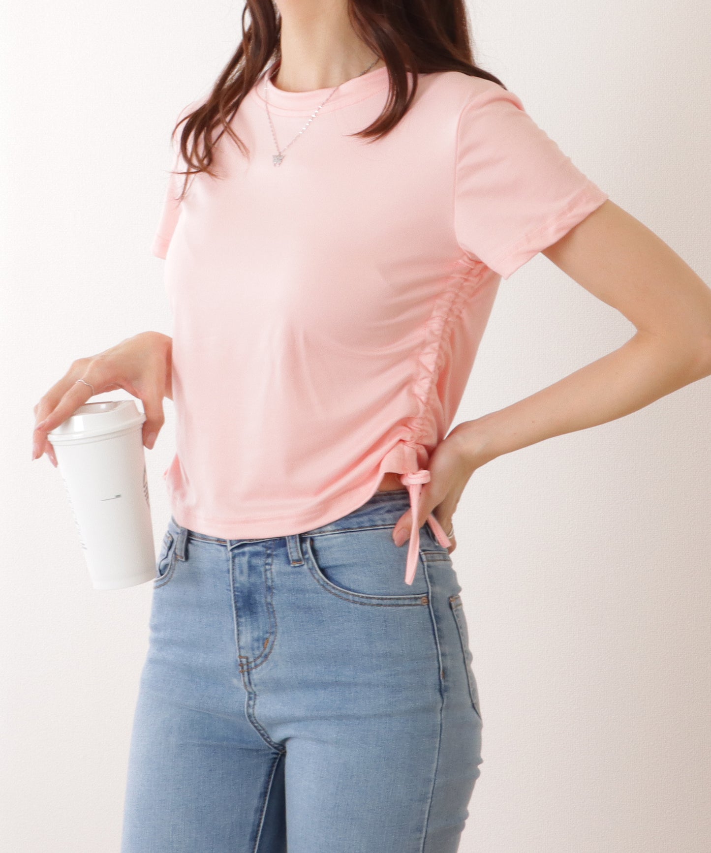 サイド ギャザー クルーネック 半袖 Tシャツ