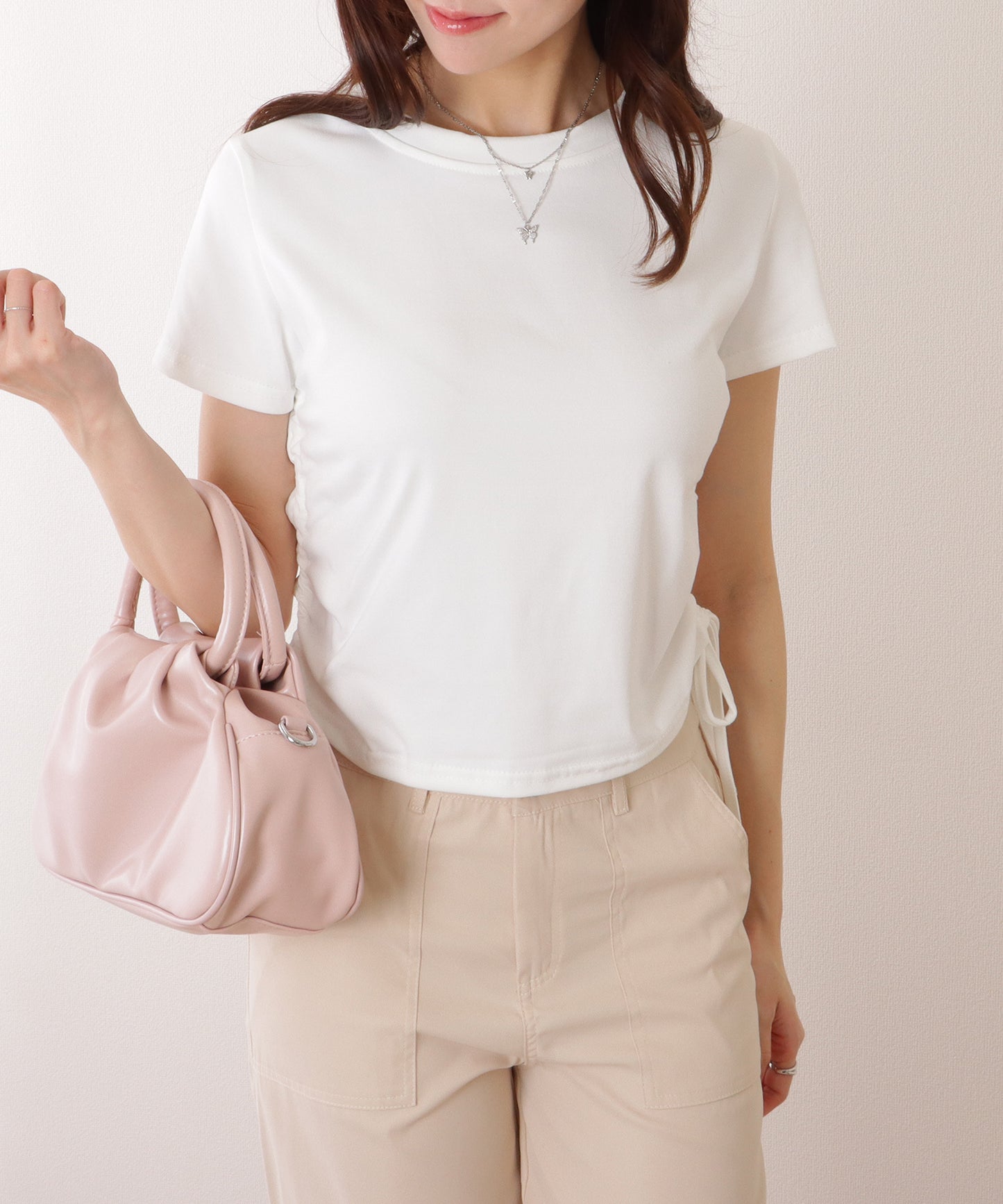サイド ギャザー クルーネック 半袖 Tシャツ