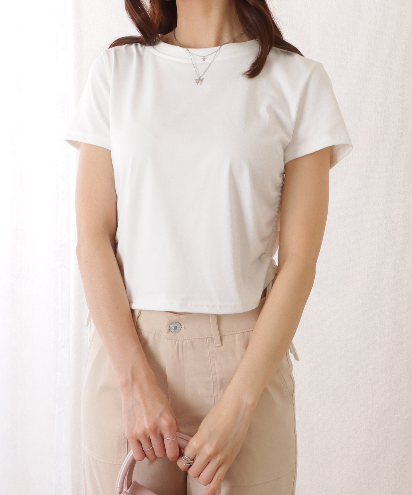 サイド ギャザー クルーネック 半袖 Tシャツ