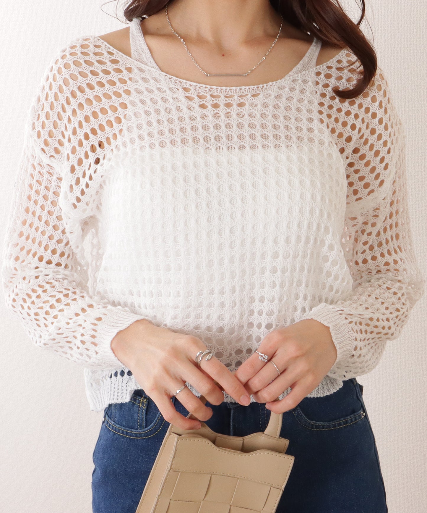 【2点セット】コンパクト 透かし編み 長袖 ニット プルオーバー