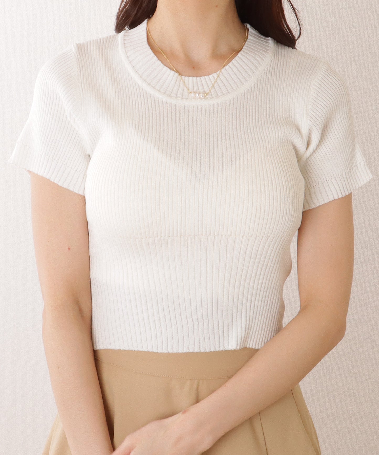 ソリッドカラー 切替 リブ 半袖 クルーネック コンパクト ニット