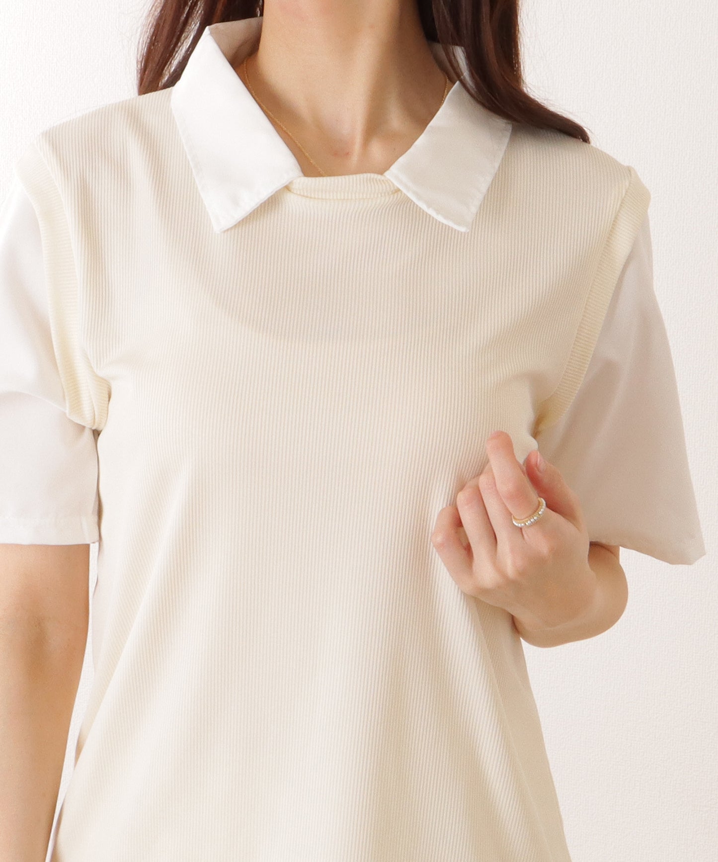 フェイク ニット レイヤード 半袖 トップス