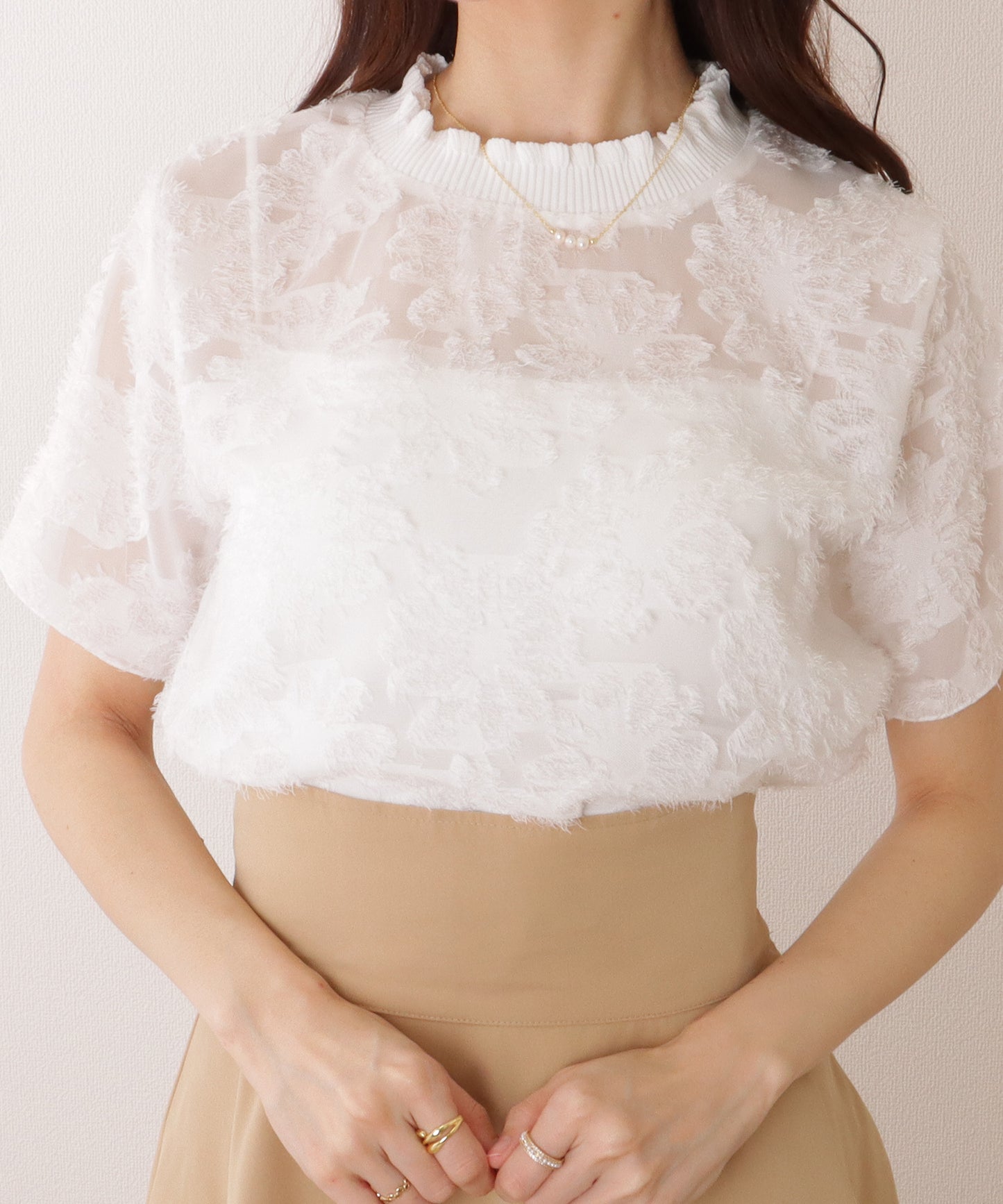 フリルネック 花柄 シアー 半袖 プルオーバー