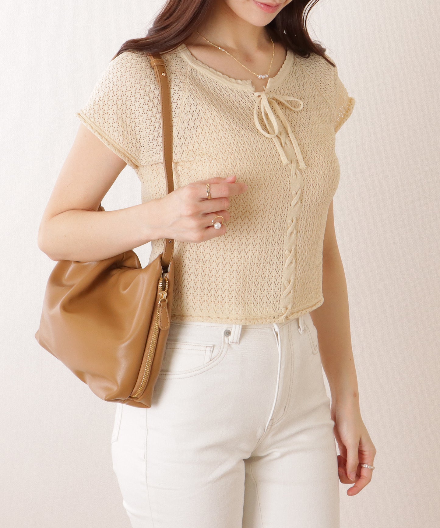 フロント レースアップ 透かし編み コンパクト ニット トップス