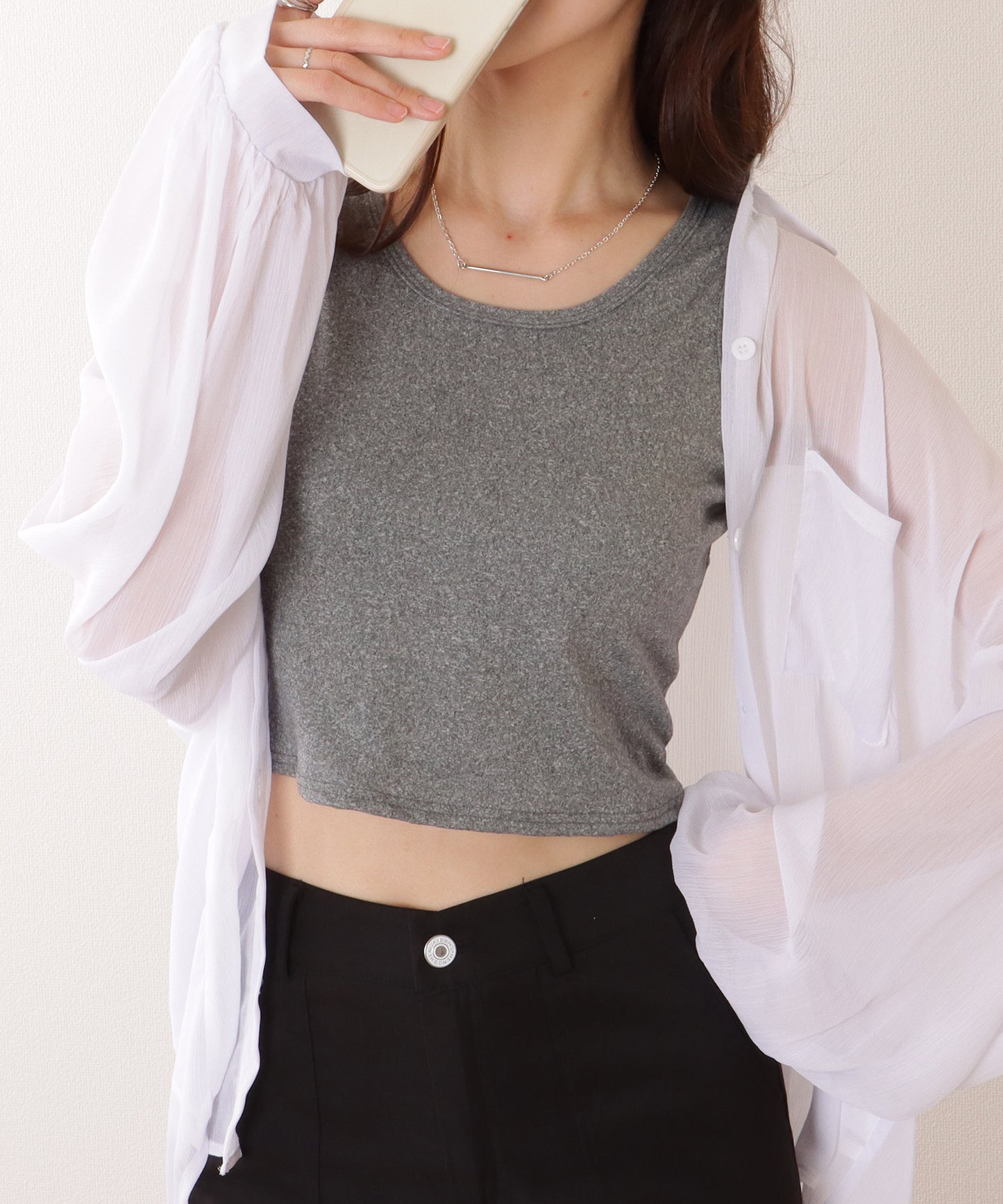 ソリッドカラー ベーシック ノースリーブ ハーフトップ