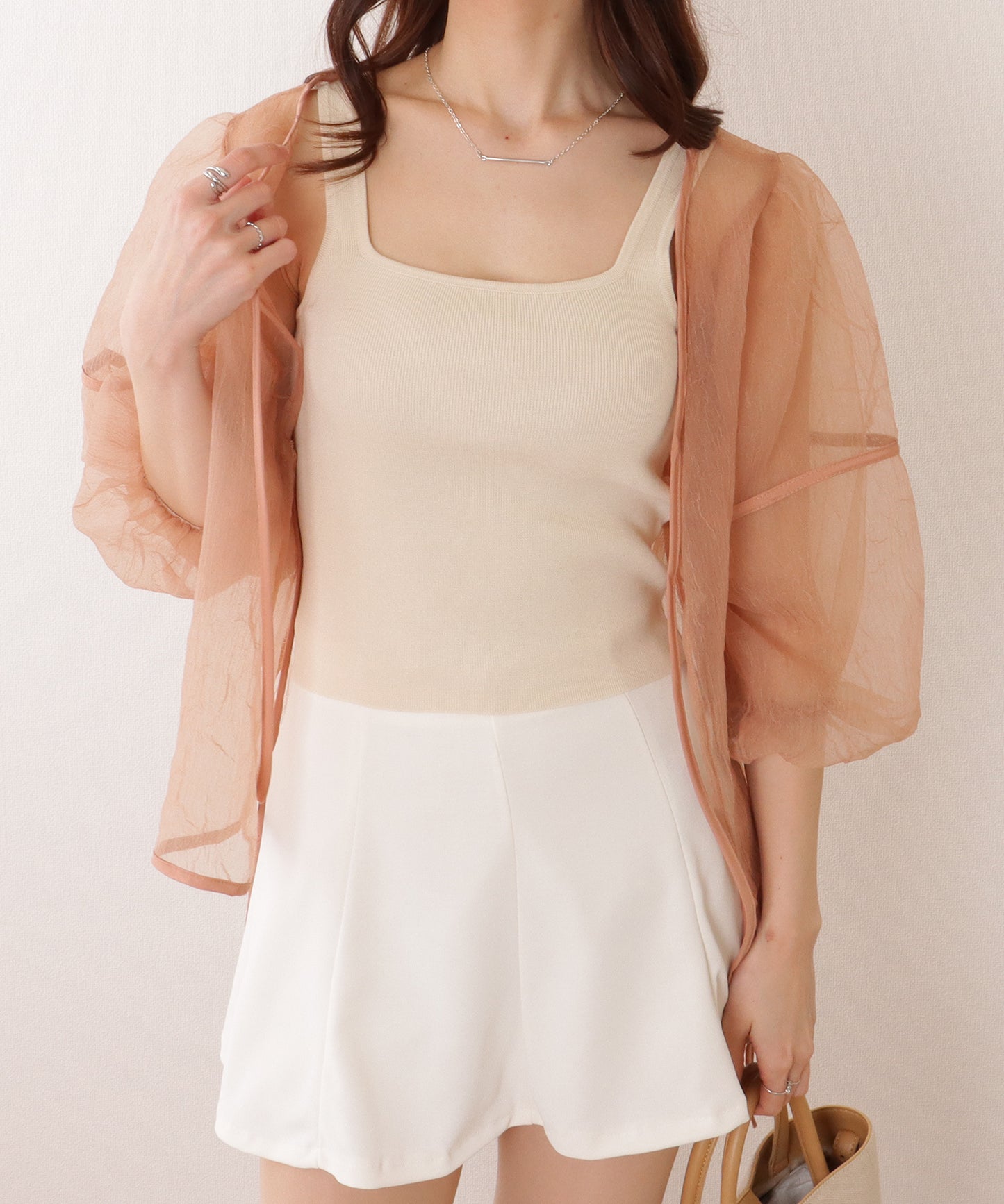 ソリッドカラー スクエアネック コンパクト ニット タンクトップ