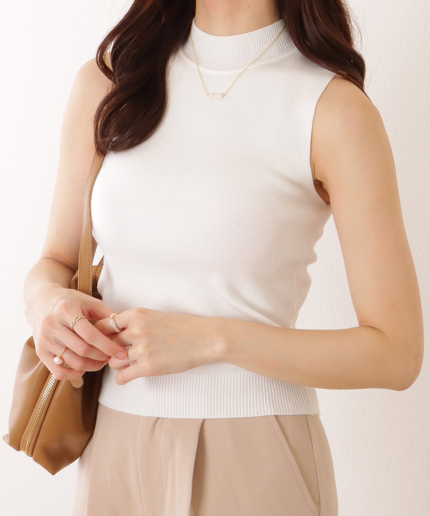 ソリッドカラー プチハイネック ノースリーブ ニット プルオーバー