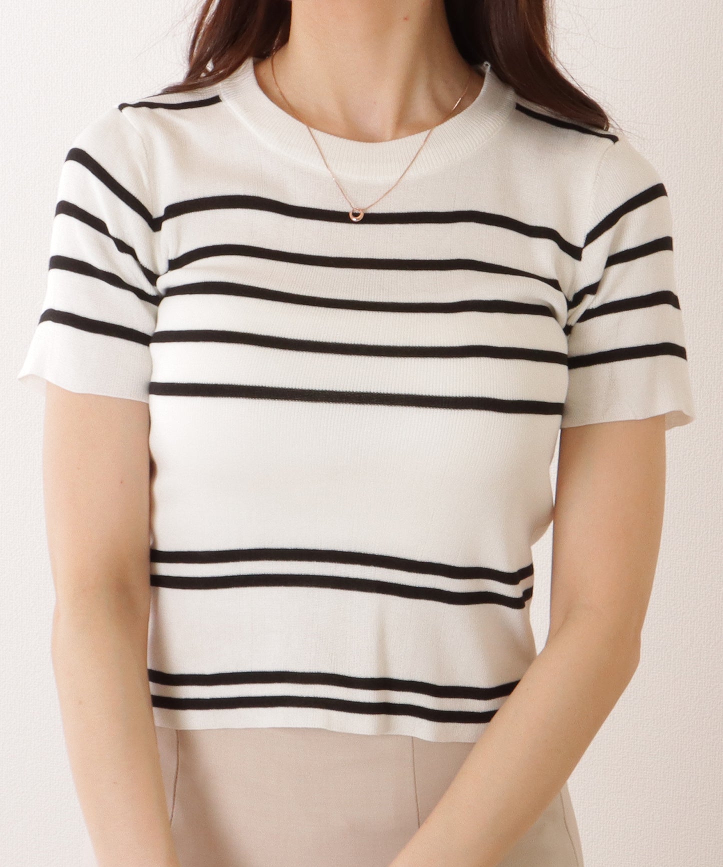 パネルボーダー クルーネック 半袖 ニット Tシャツ