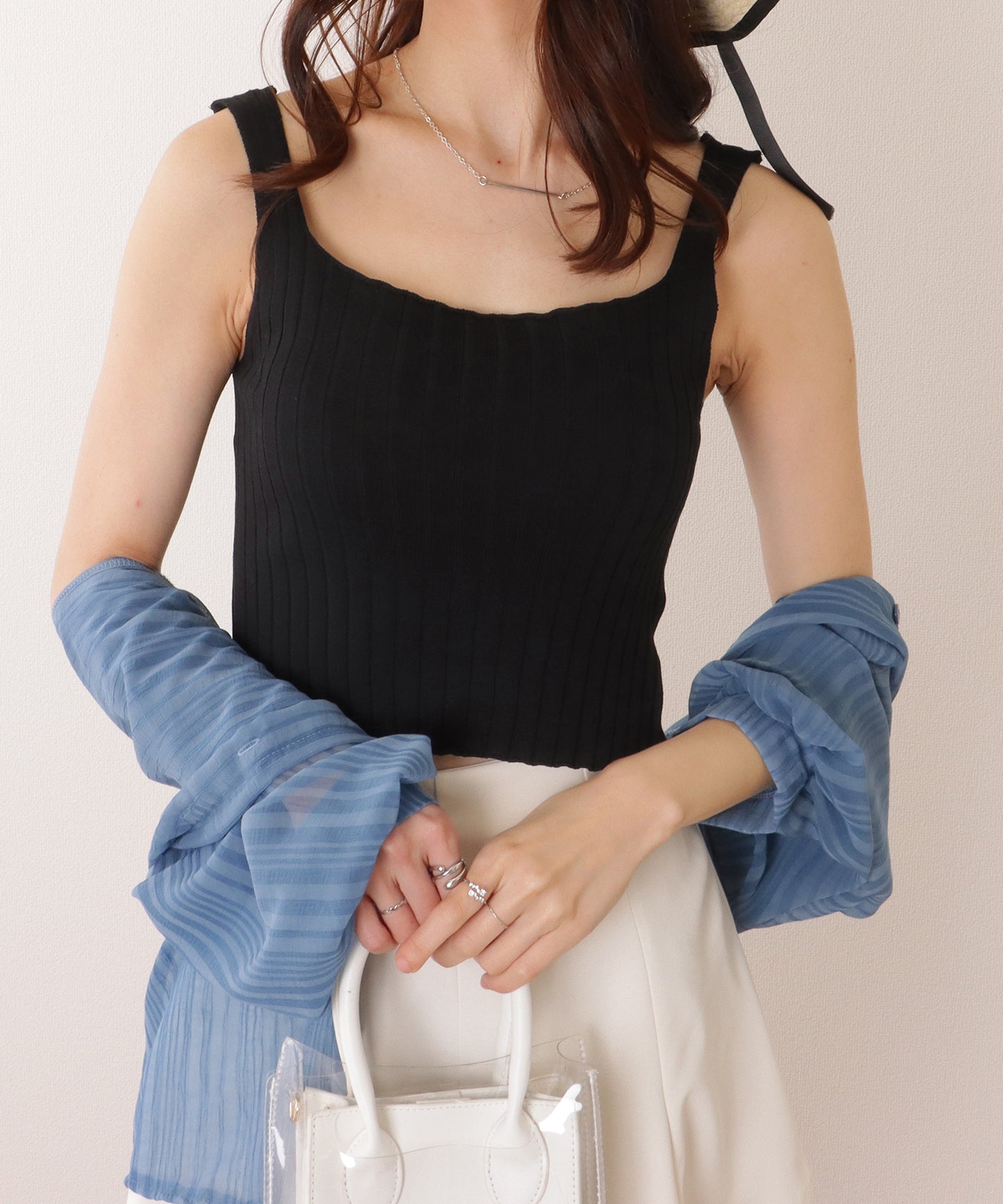 スクエアネック リブ ニット コンパクト トップス