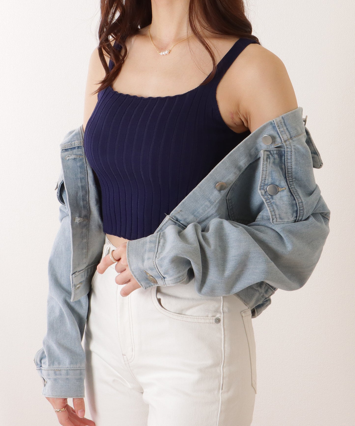 スクエアネック リブ ニット コンパクト トップス