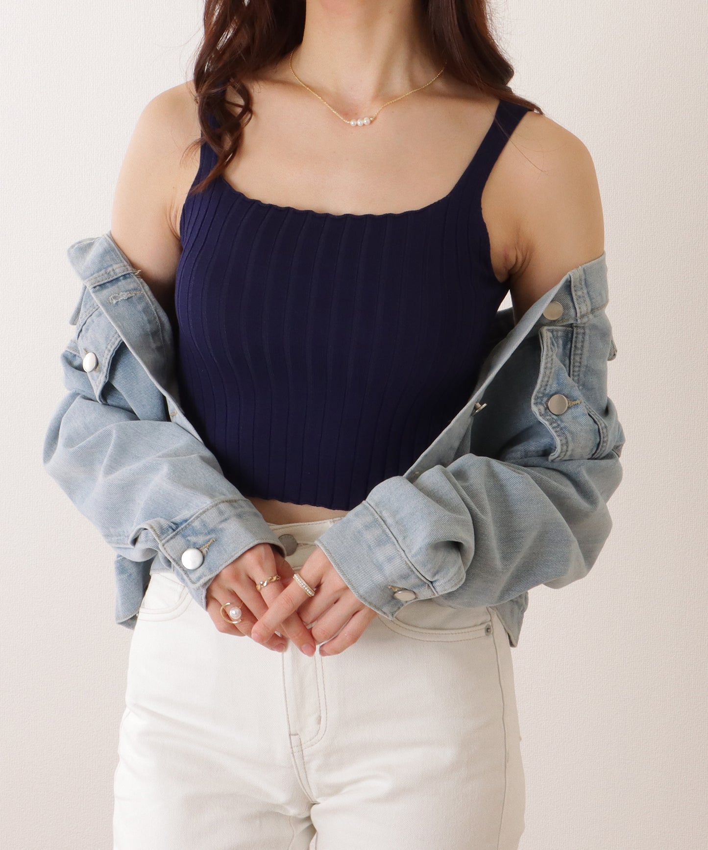 スクエアネック リブ ニット コンパクト トップス