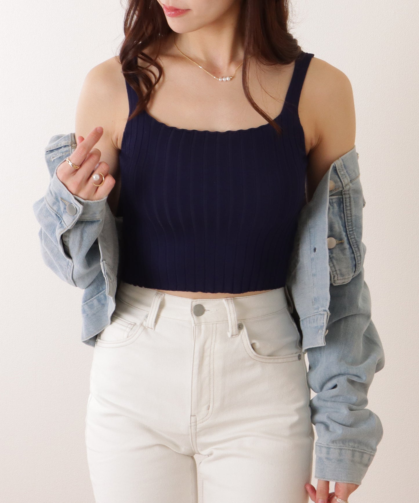 スクエアネック リブ ニット コンパクト トップス