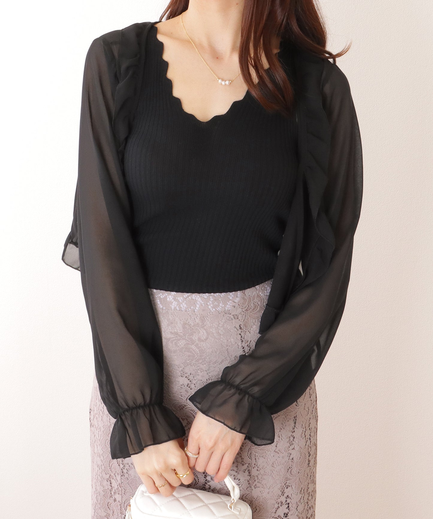 Vネック スカラップ リブ ニット タンクトップ