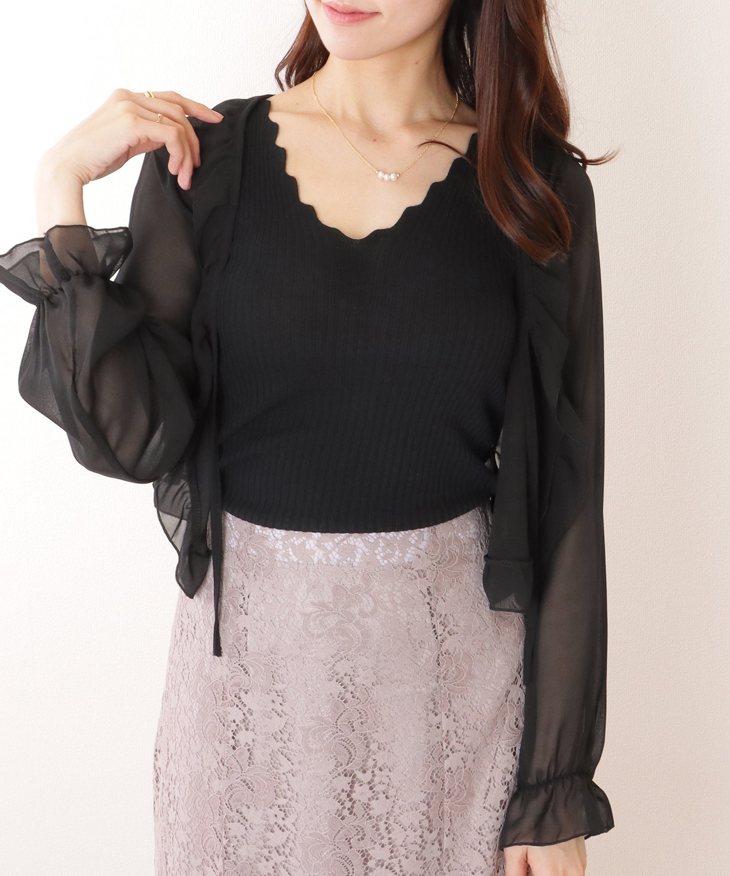 Vネック スカラップ リブ ニット タンクトップ