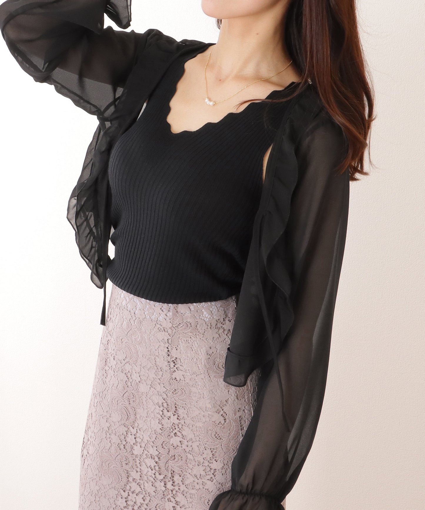 Vネック スカラップ リブ ニット タンクトップ