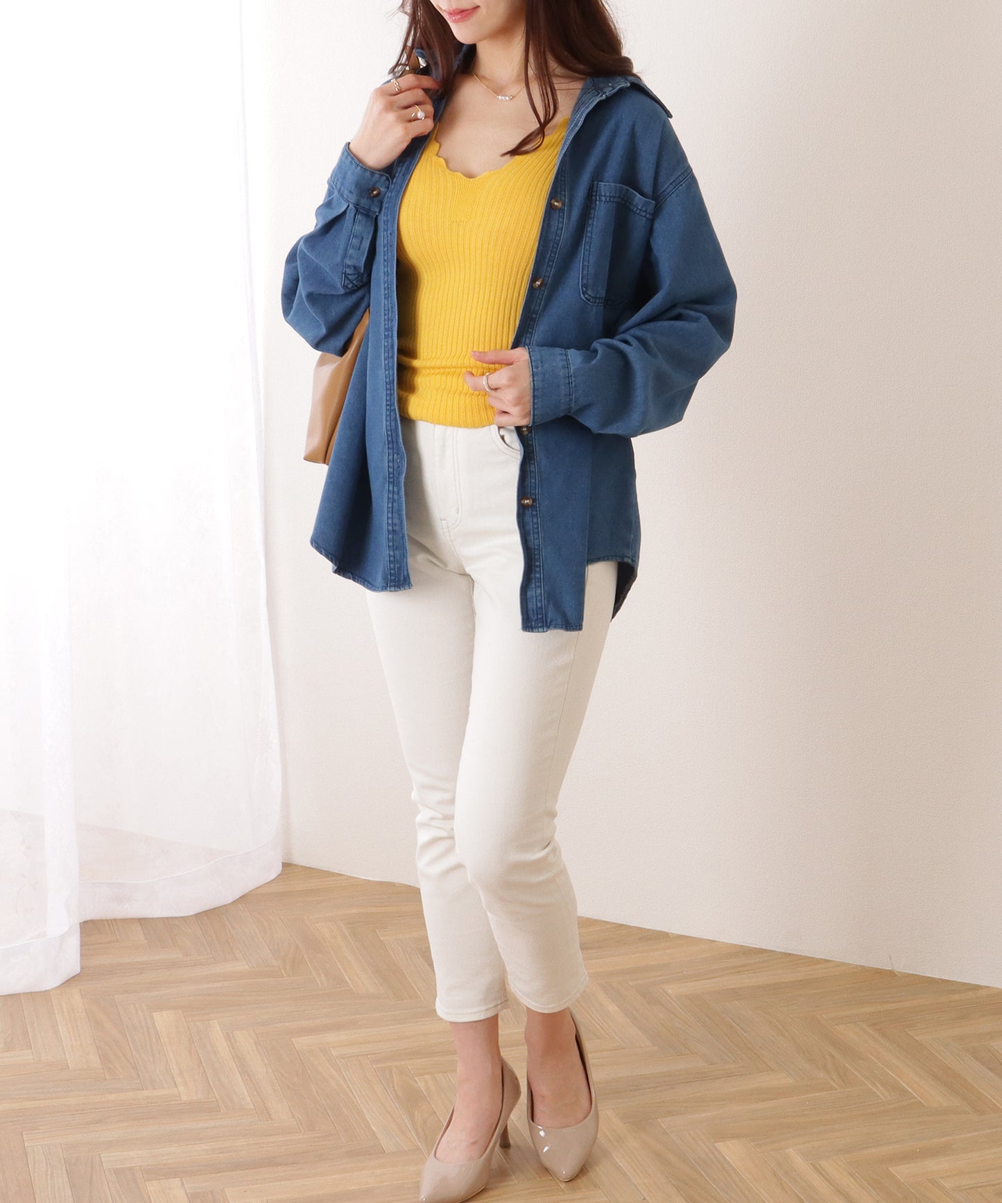 Vネック スカラップ リブ ニット タンクトップ