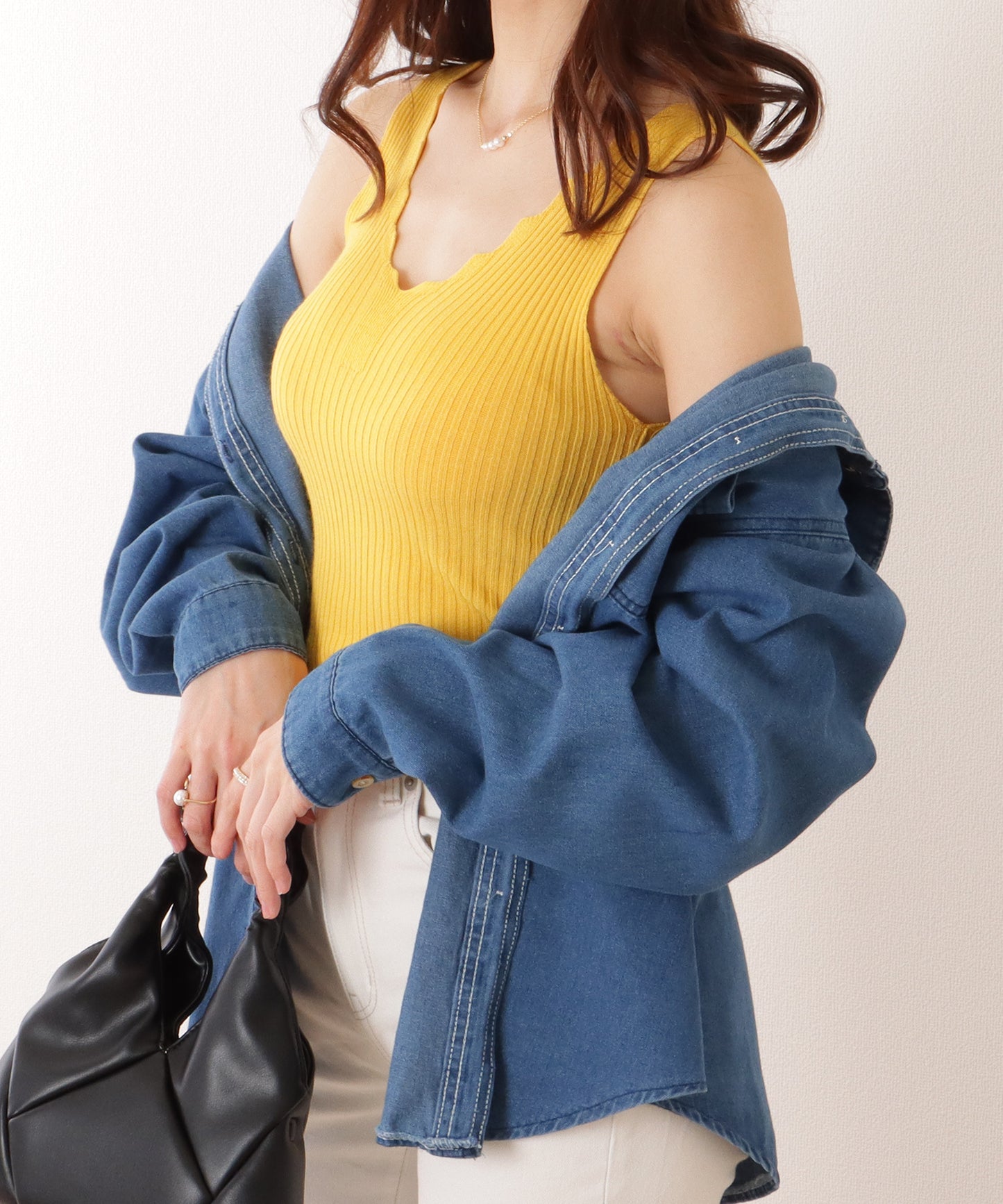 Vネック スカラップ リブ ニット タンクトップ