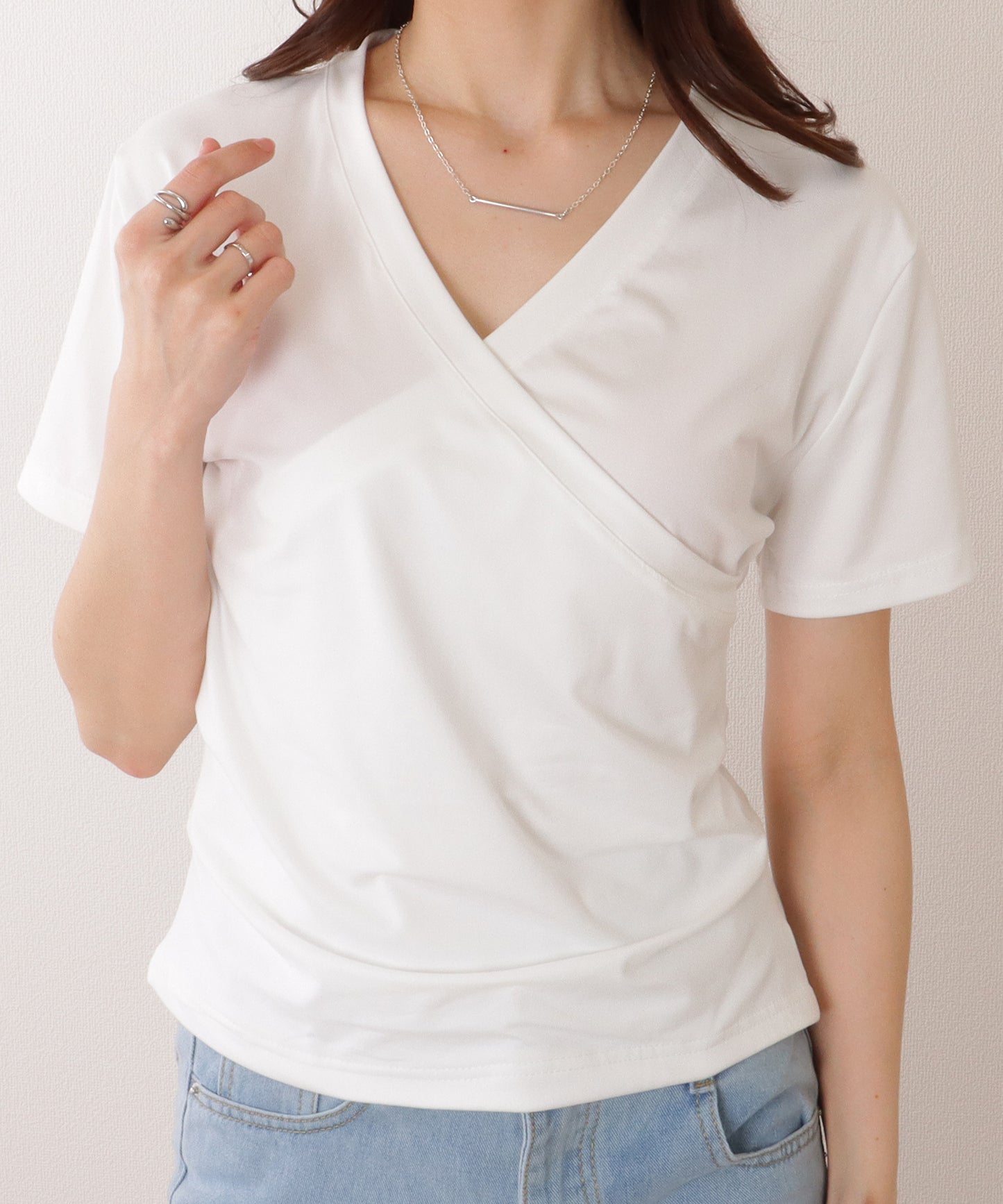 Vネック カシュクール風 半袖 タック カットソー