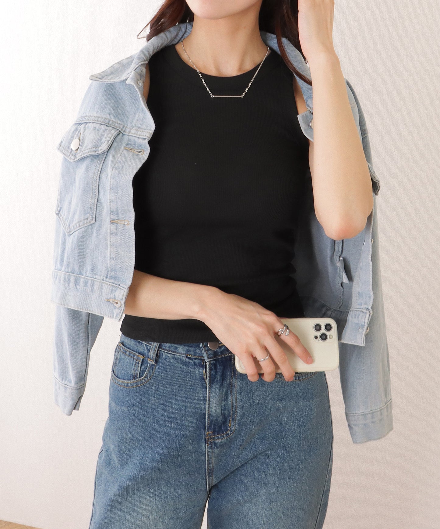 クルーネック コンパクト ベーシック ノースリーブ トップス