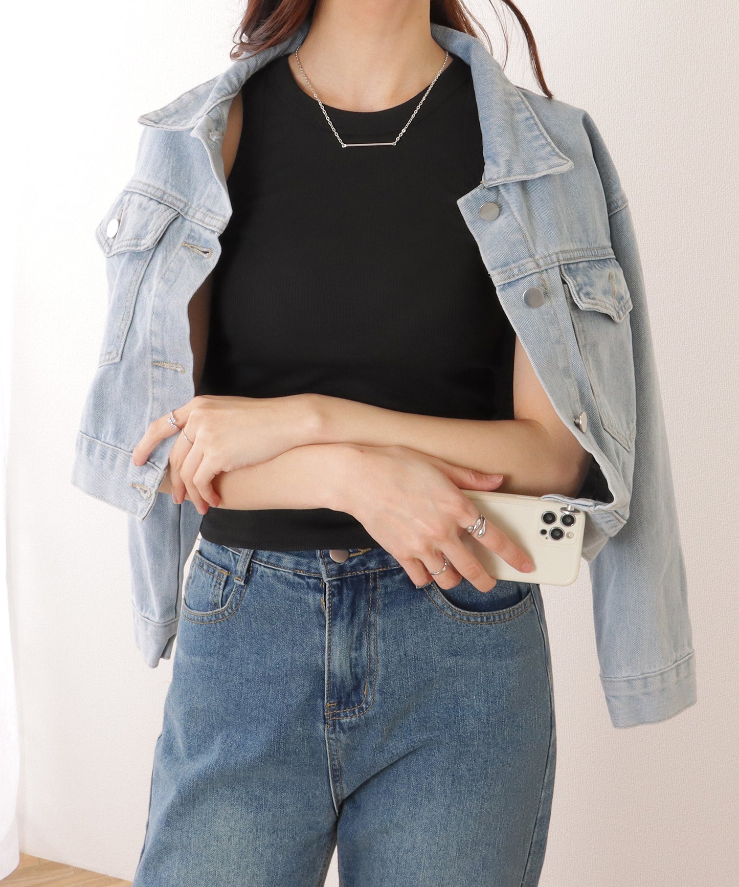 クルーネック コンパクト ベーシック ノースリーブ トップス