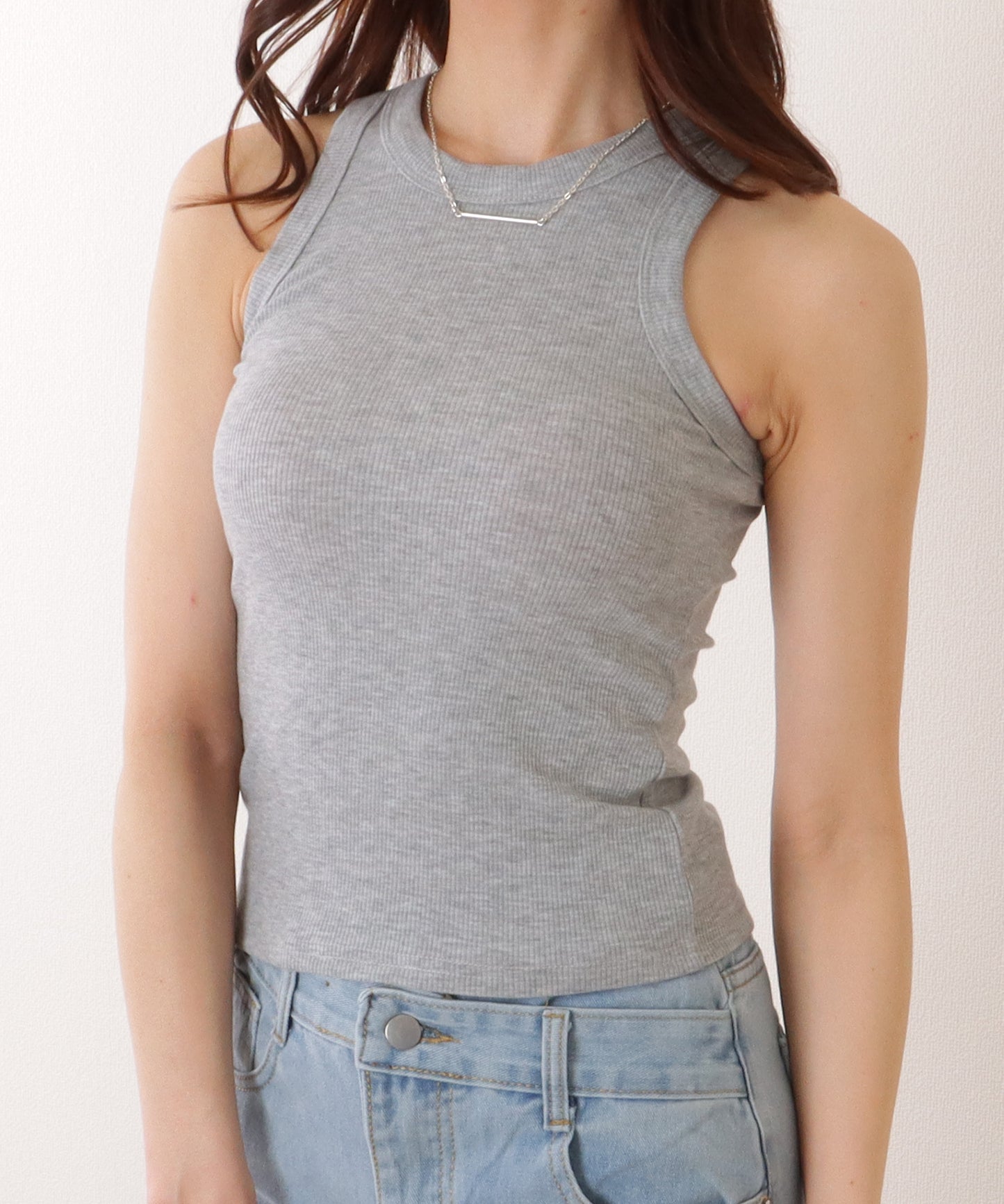 クルーネック コンパクト ベーシック ノースリーブ トップス